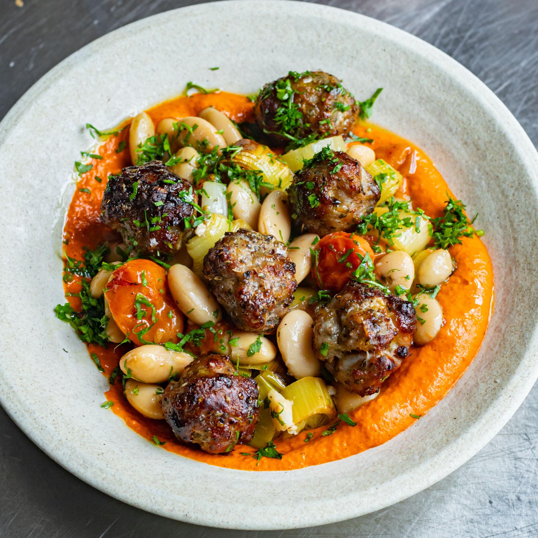 Pork, Ricotta & Fennel Seed Meatballs with Tomato Cream Butter Beans | Mob