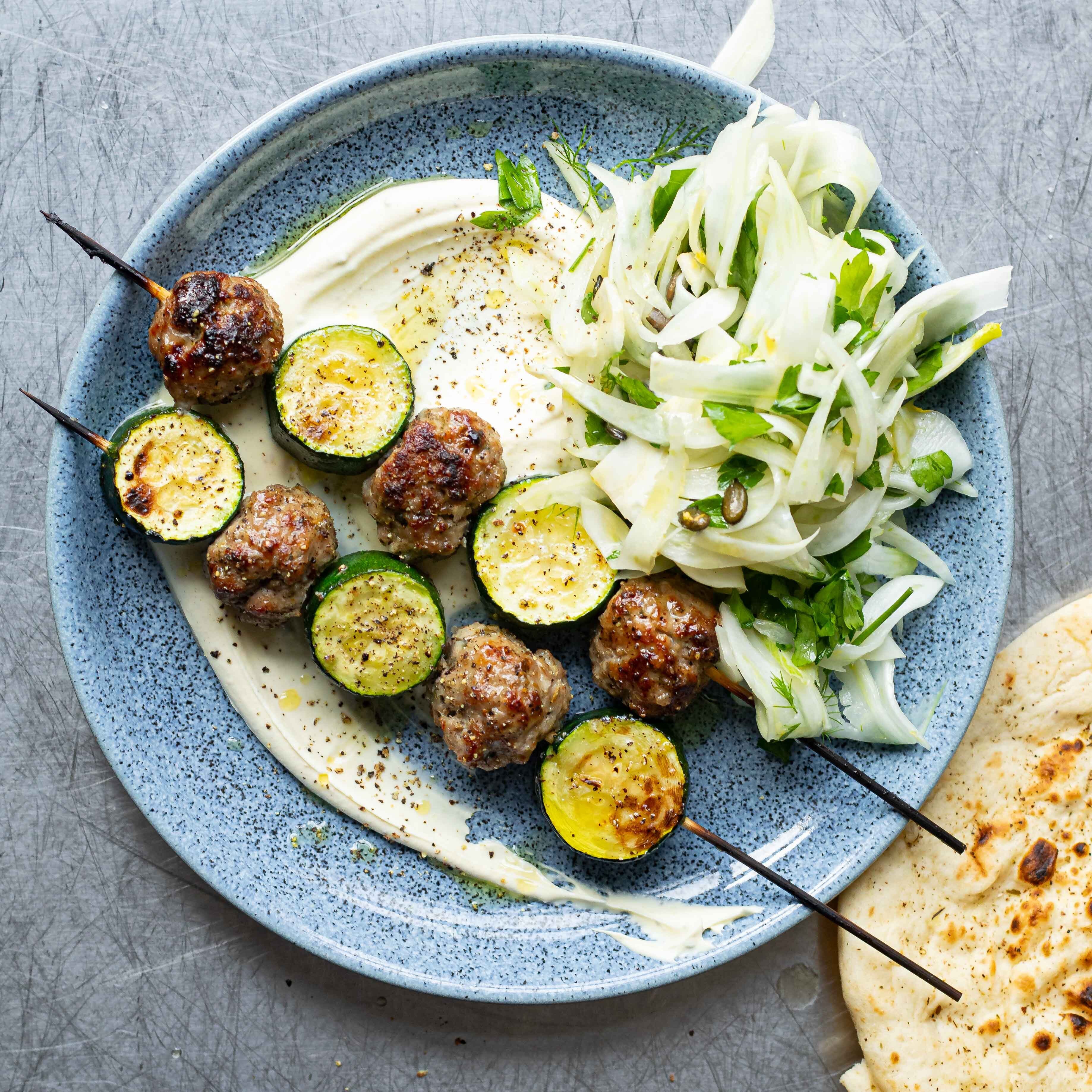 Creme Fraiche Healthy Meatball Courgette Kebabs With Fennel Pumpkin Seed Slaw 1