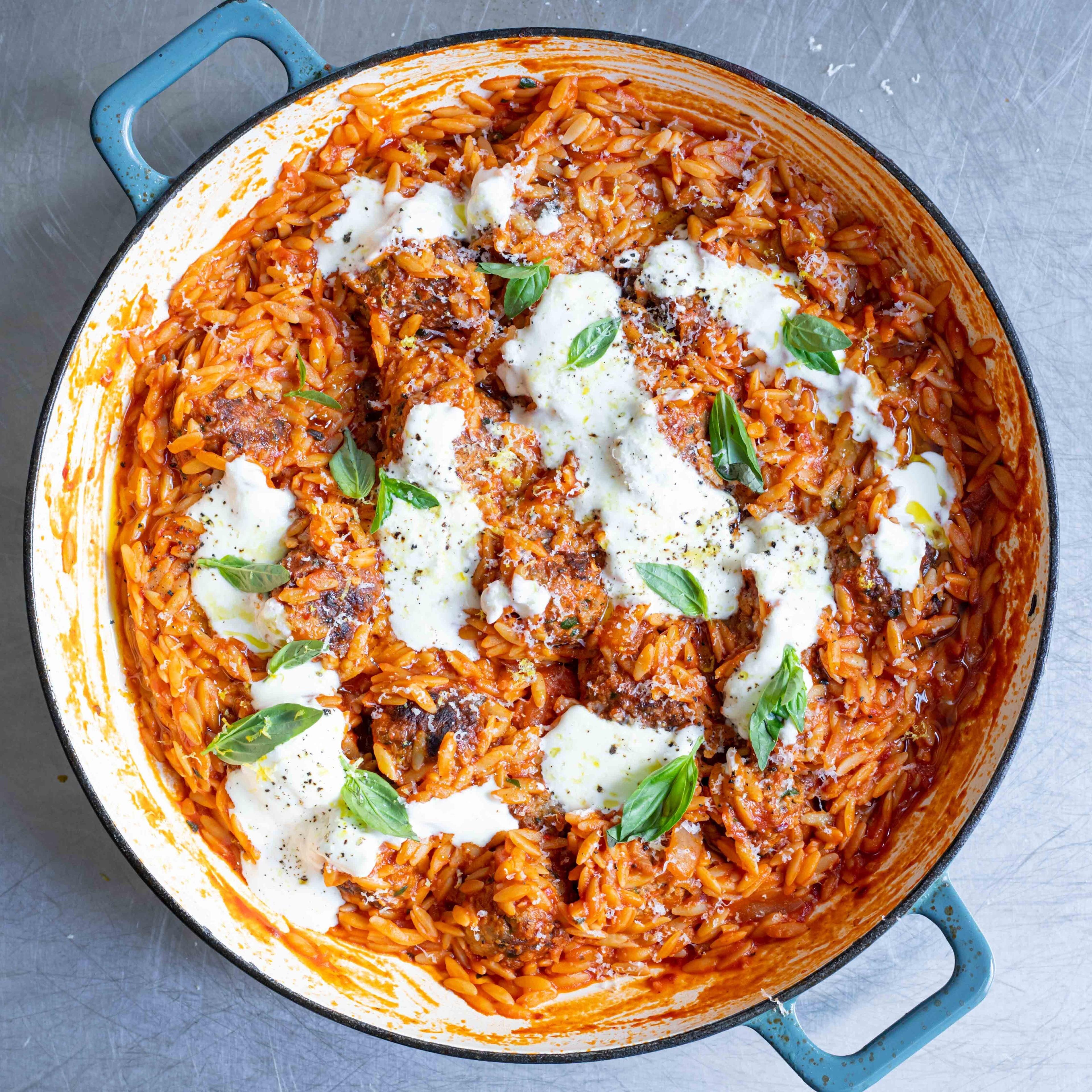 Creme Fraiche Healthy Spiced Lamb Meatball Orzo