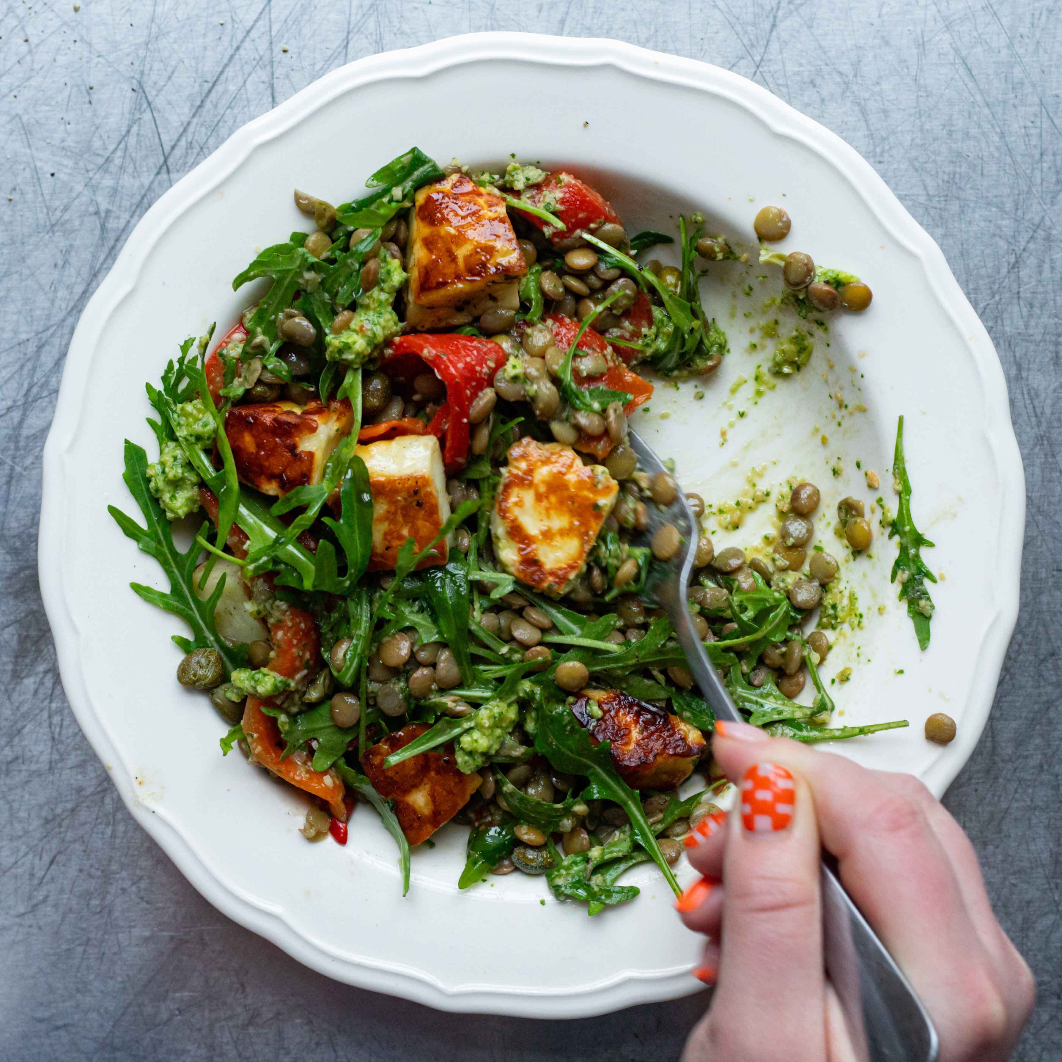 Olive Almond Pesto Lentils With Halloumi