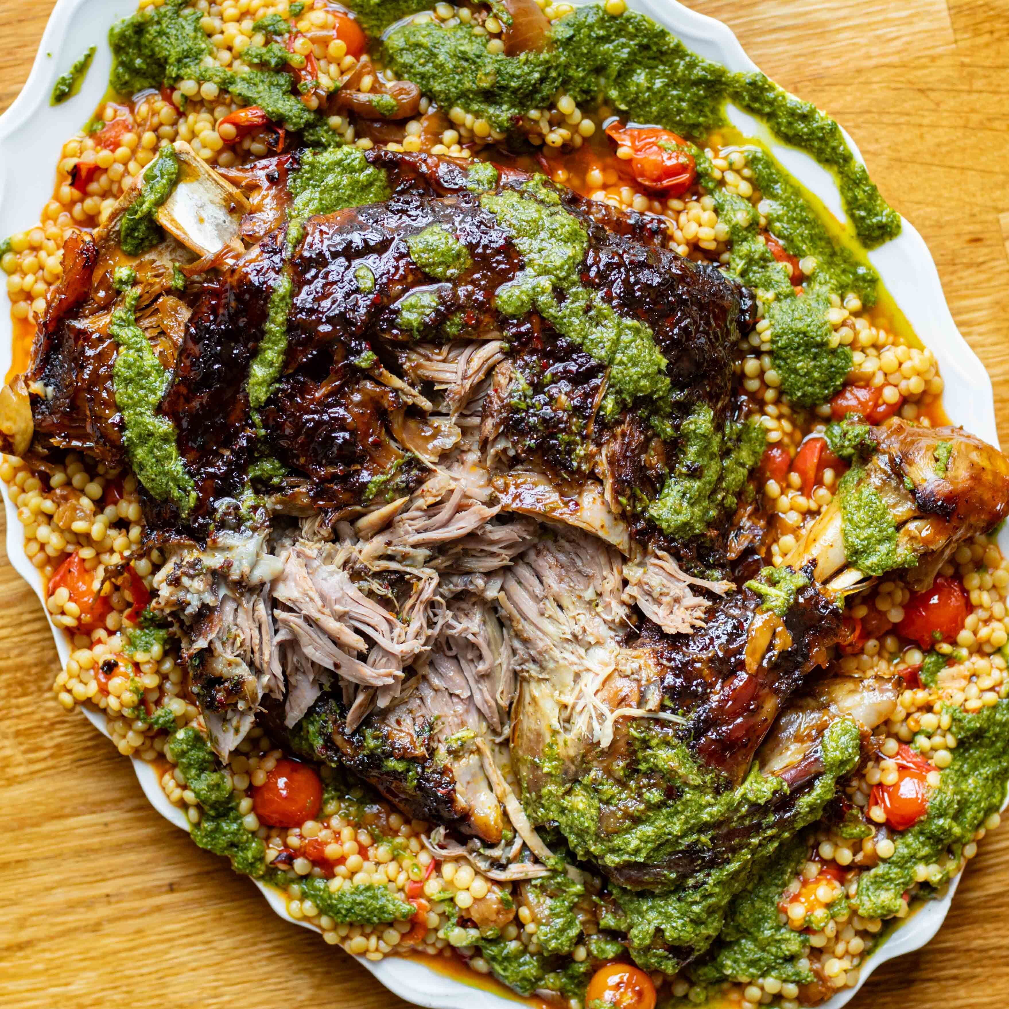 Slow Roast Lamb With Giant Couscous Zhoug Recipe 1