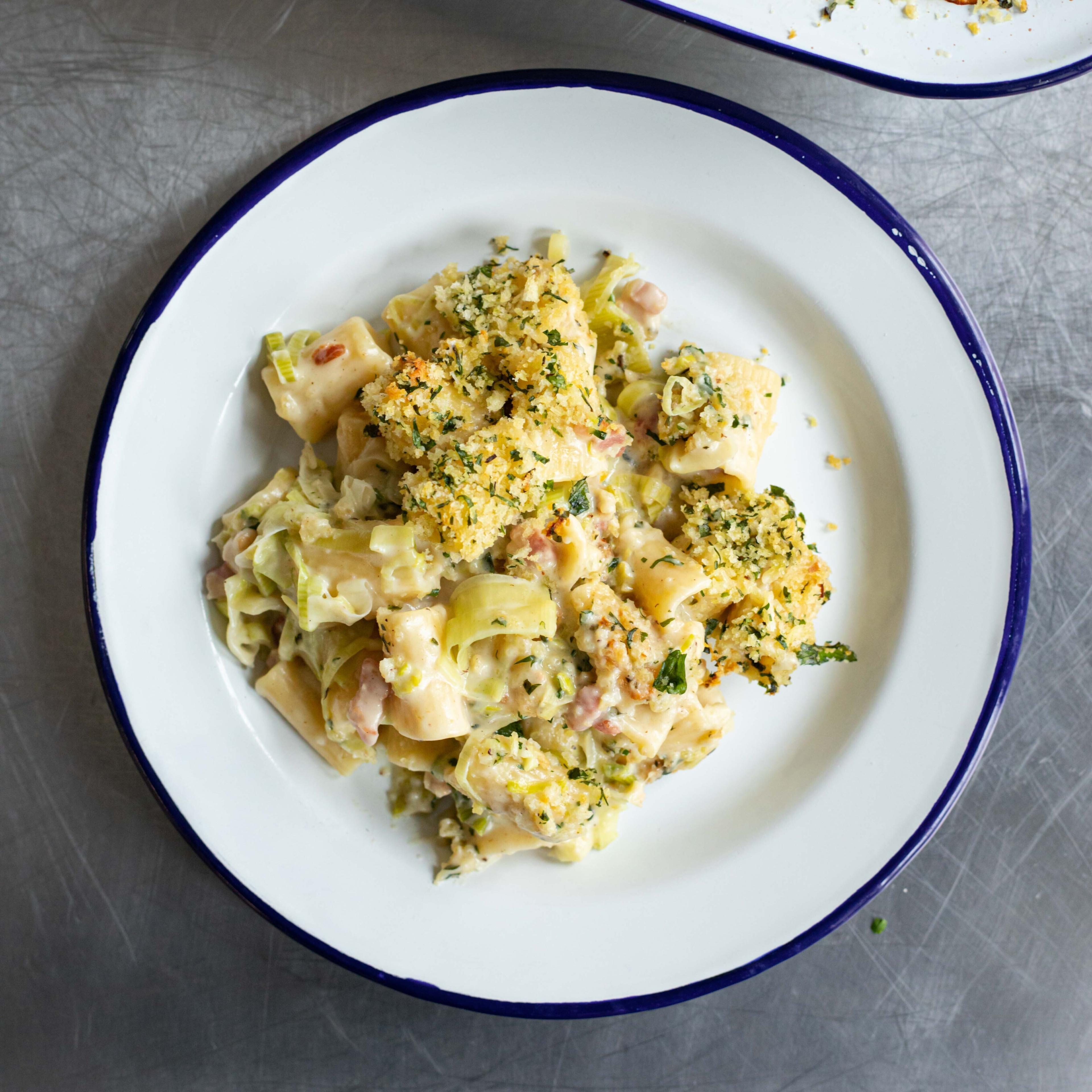 Cheesy Leek Pancetta Pasta Bake