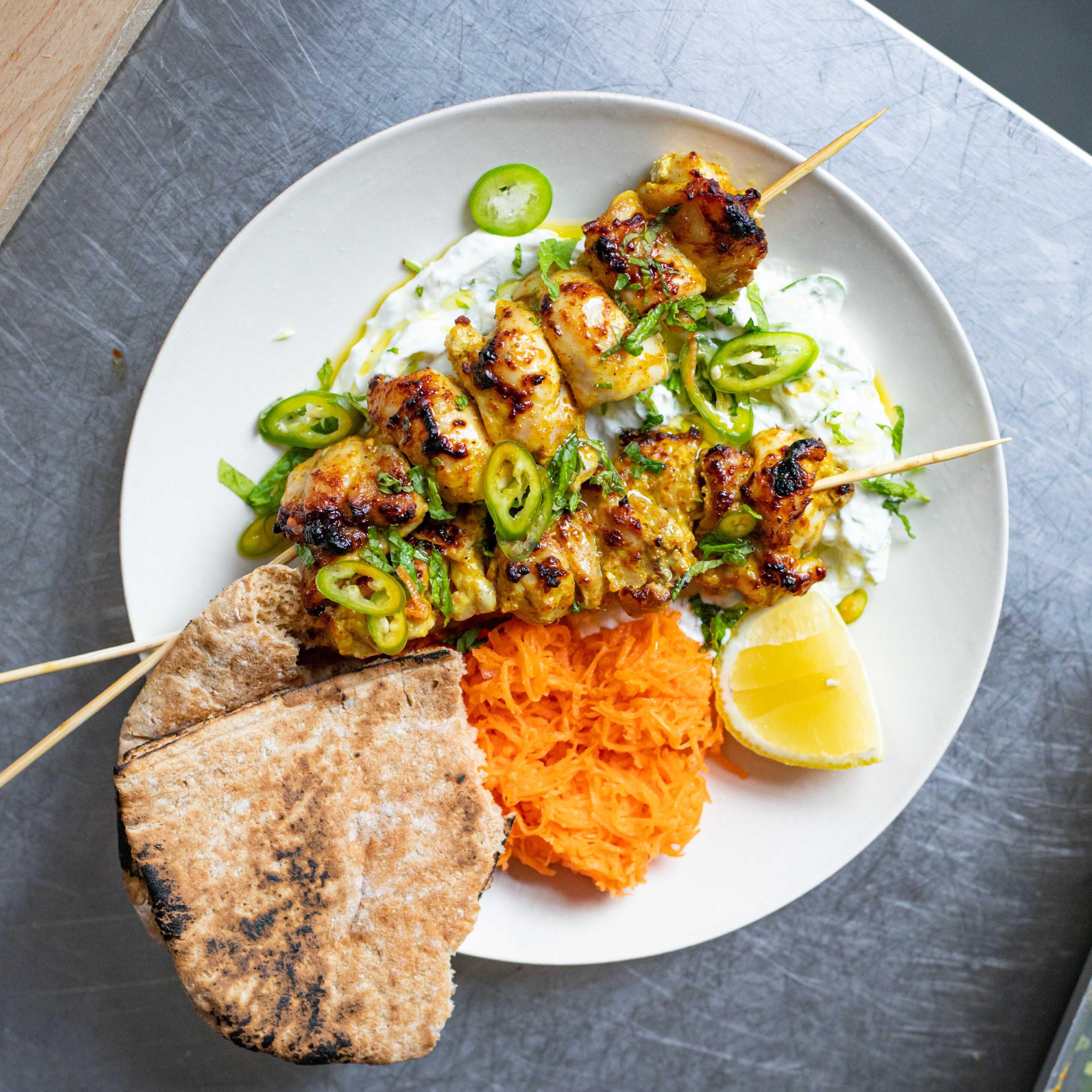 Curried Chicken Skewers with Green Chilli Yoghurt