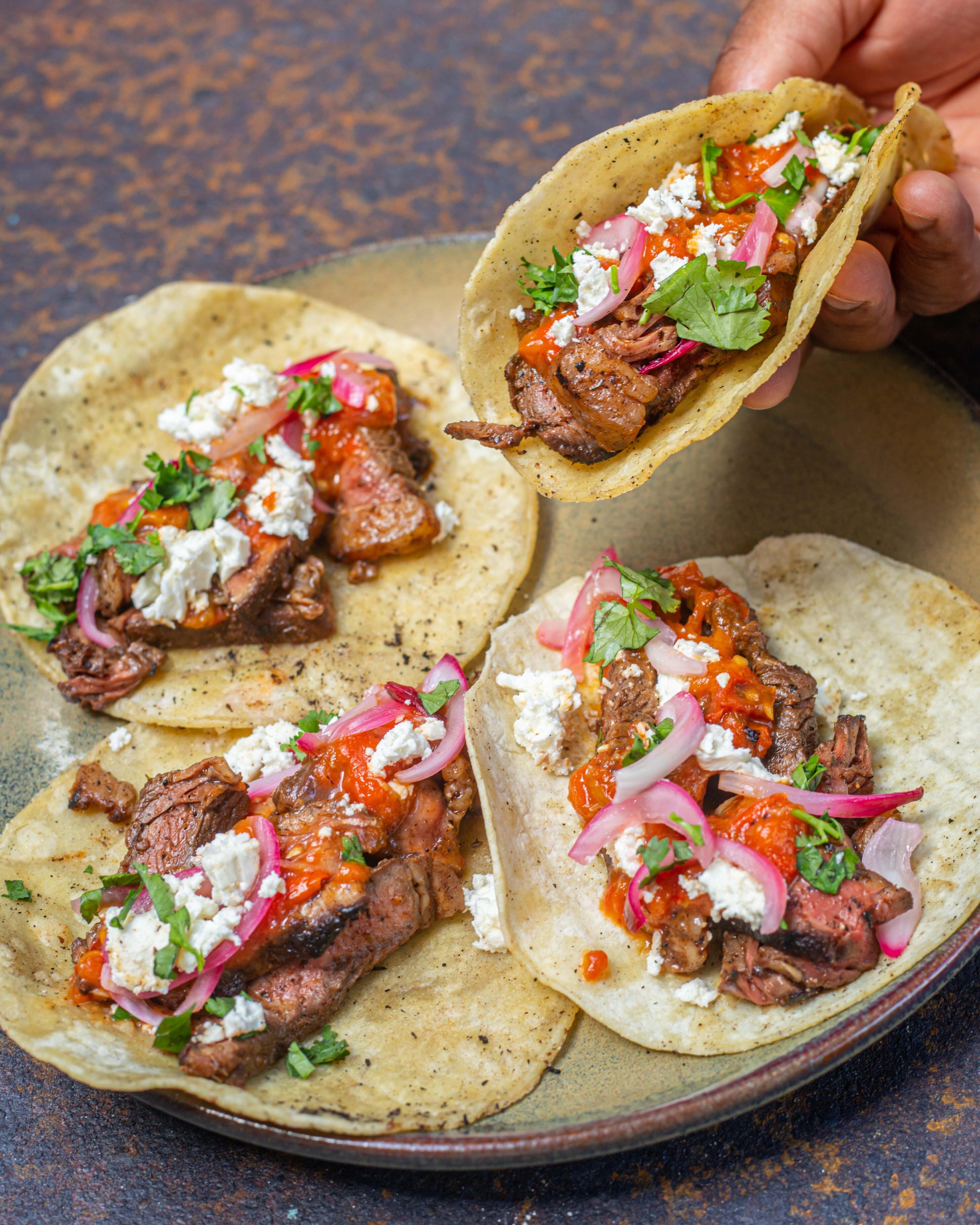 Steak Tacos with Burnt Tomato Salsa