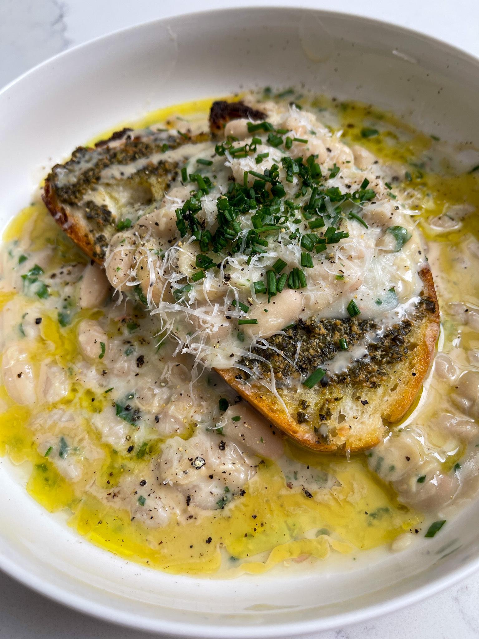 Creamy Tahini Beans on Pesto Toast