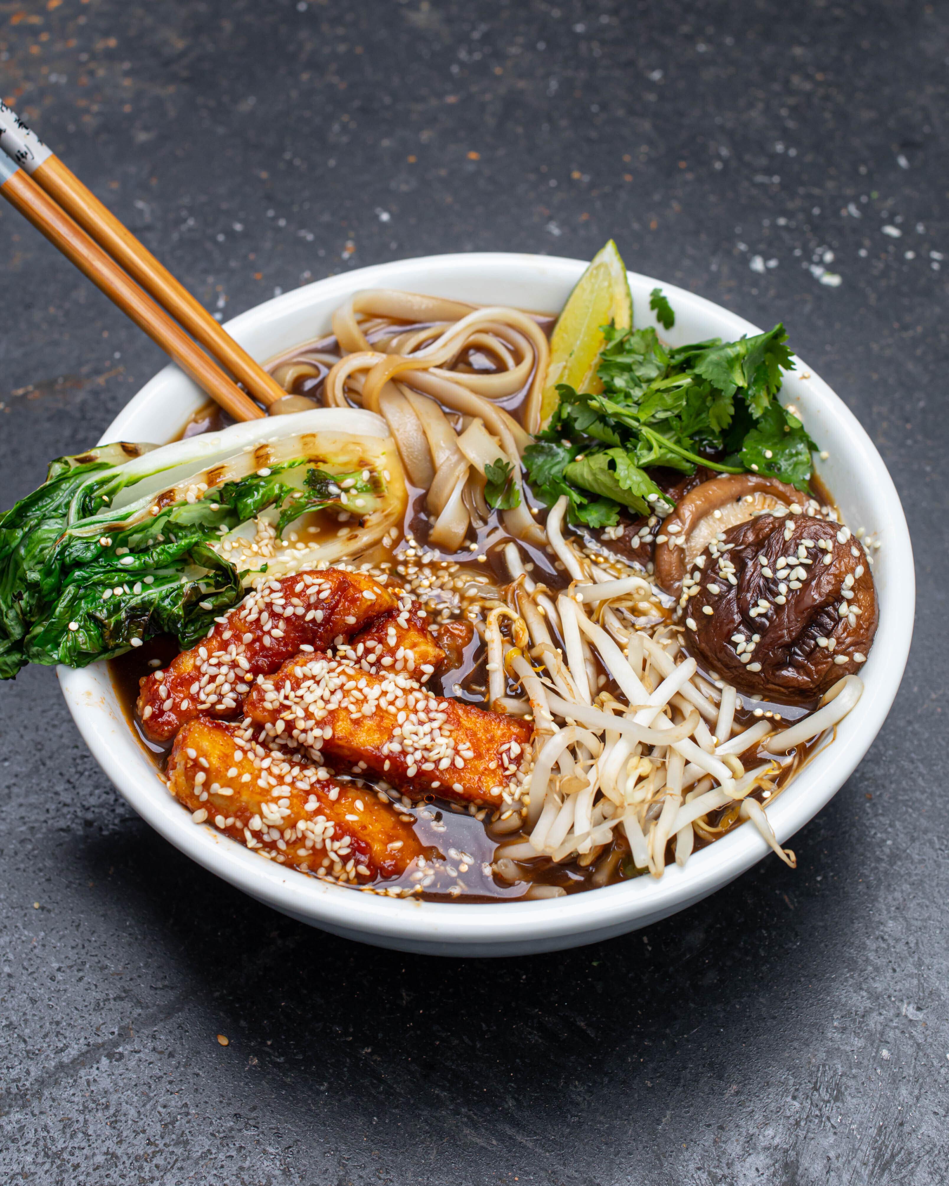 Noodle Bowl with Crispy Tofu and Charred Pak Choi