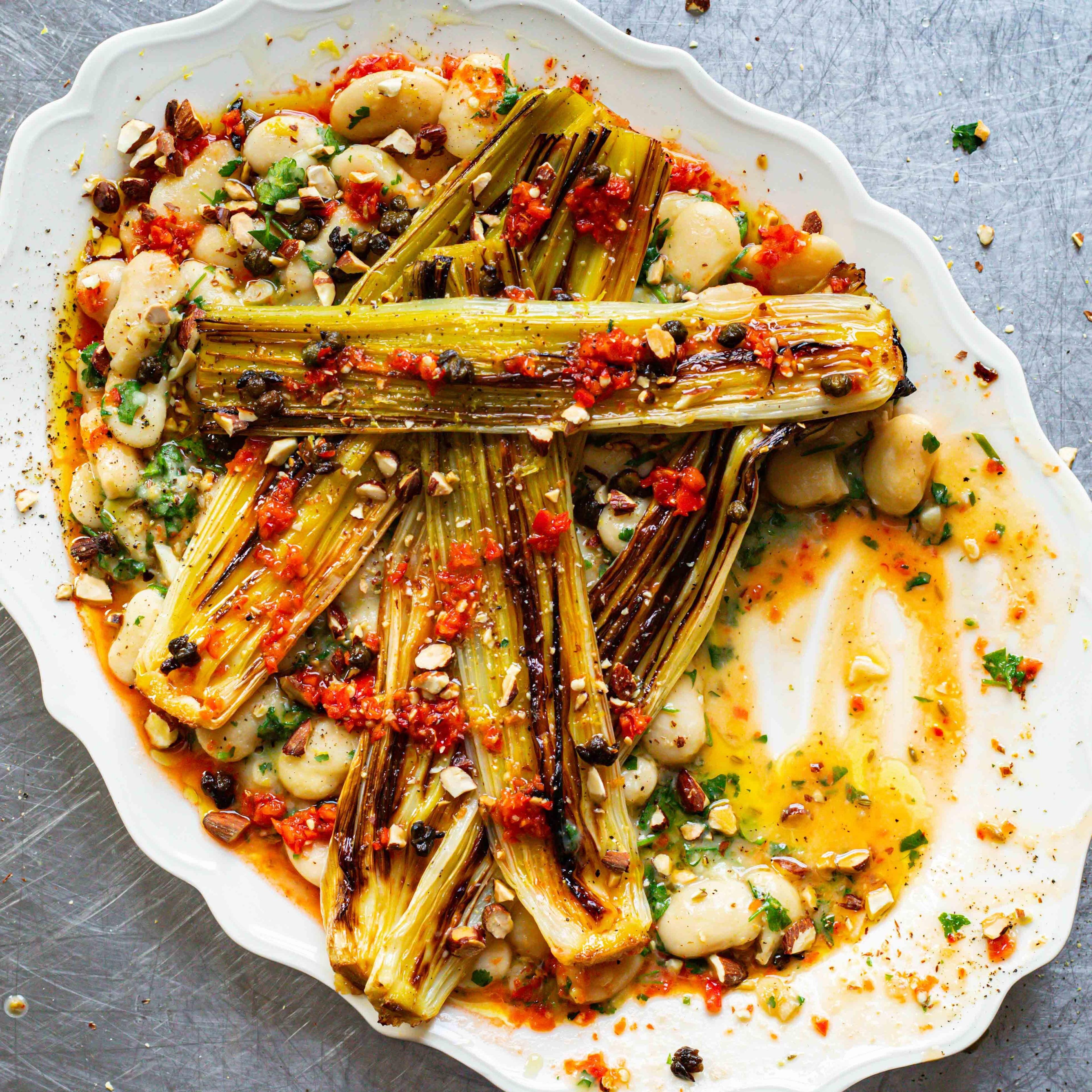 Charred Leeks Butter Beans Pickled Chilli Sauce