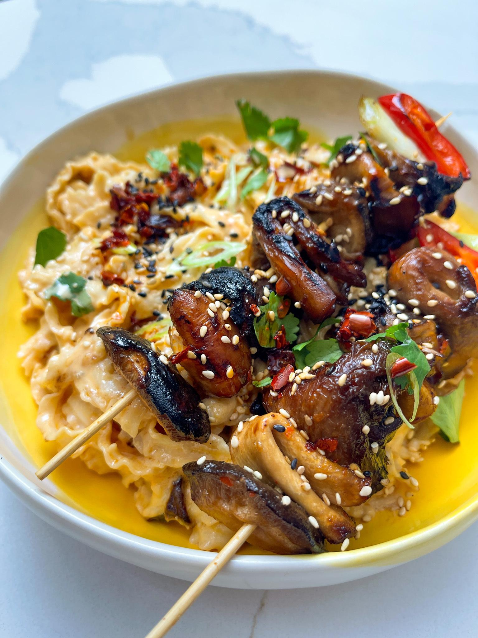 Spicy Mushroom Skewers With Creamy Noodles