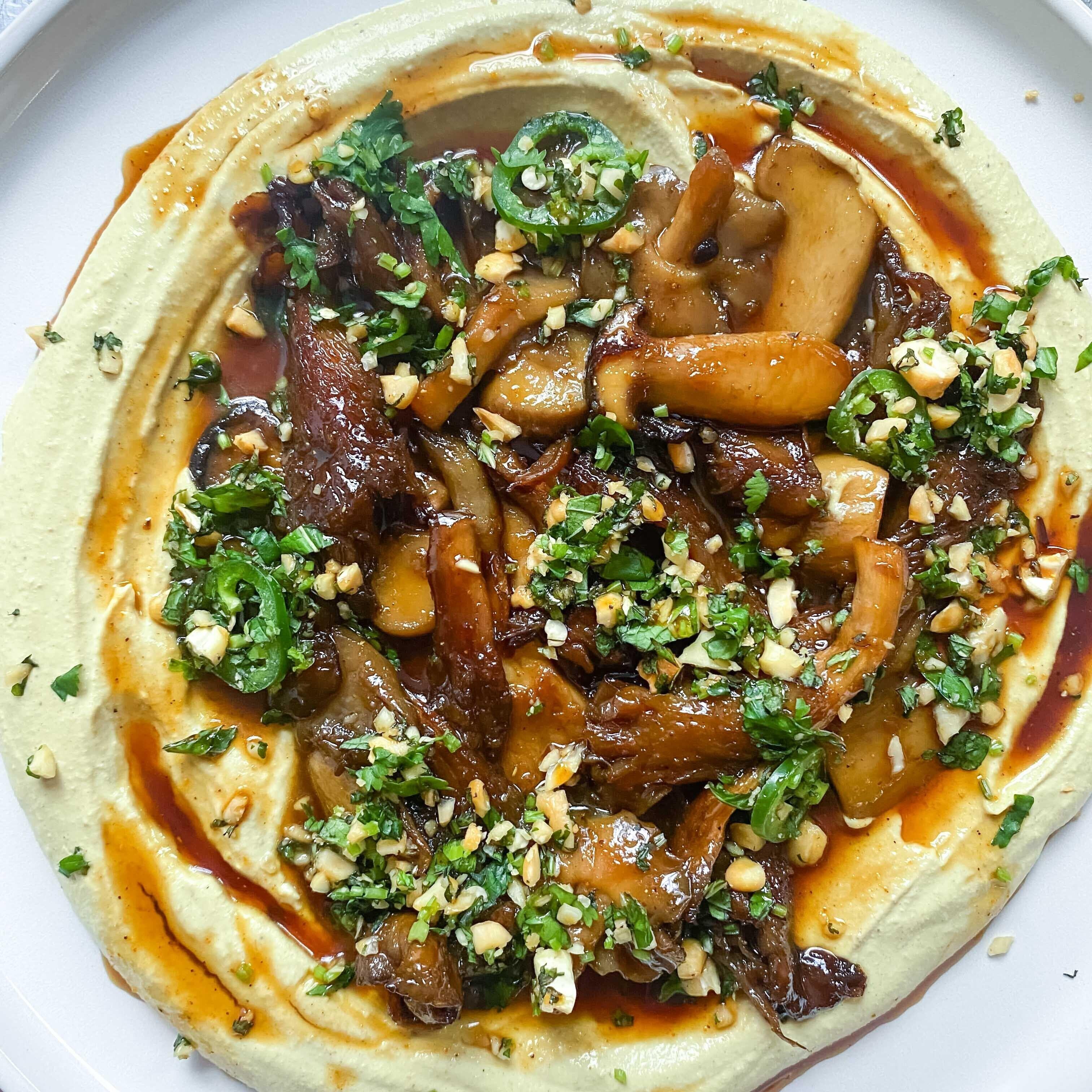 Sticky Mushrooms Creamy Whipped Tofu and Herby Cashew Sprinkle