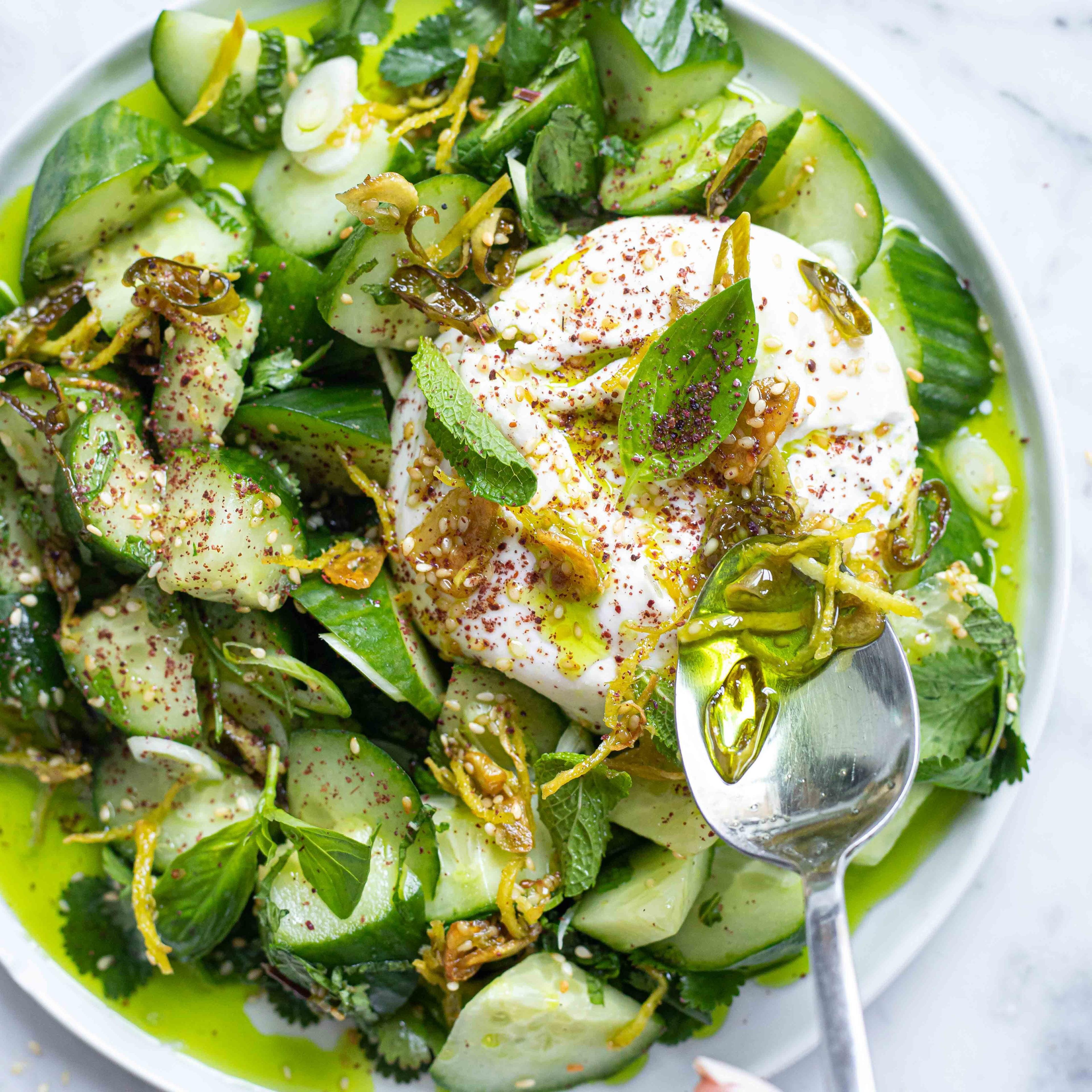 Burrata Cucumber Salad With Green Chilli Oil