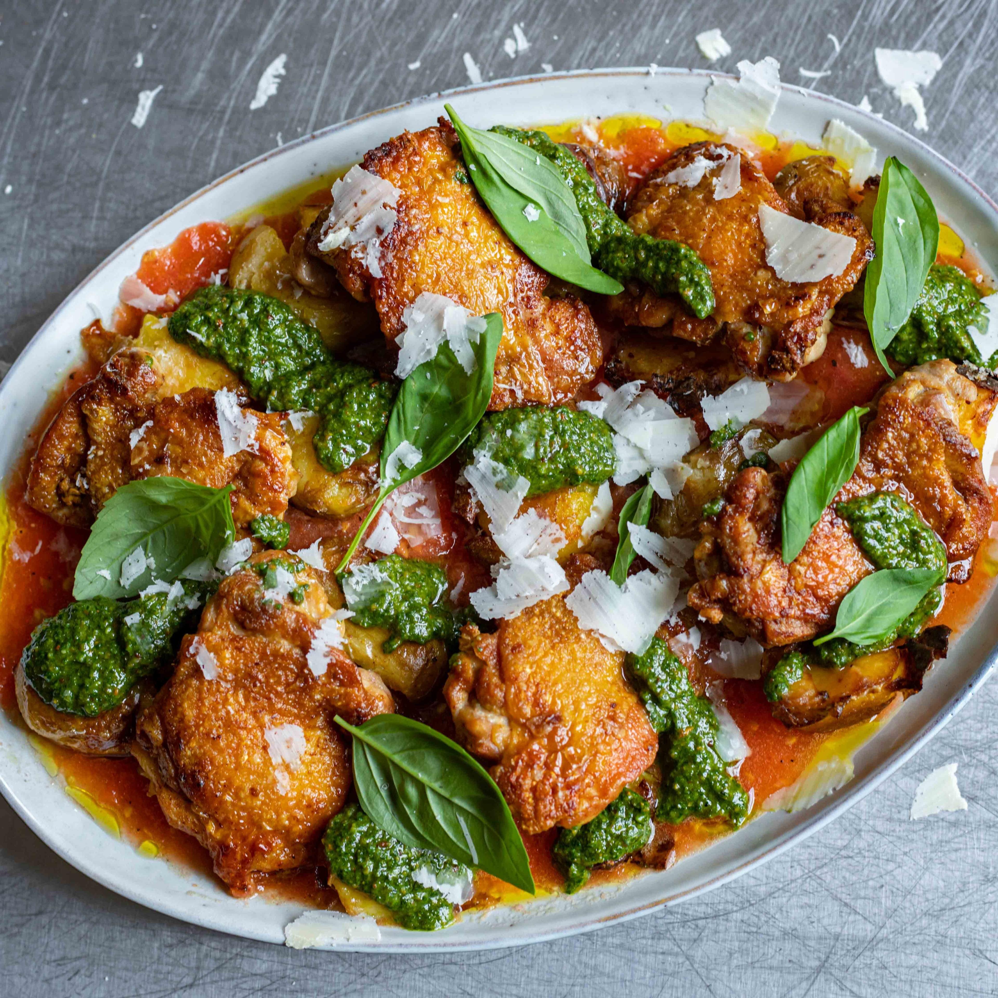 Crispy Pesto Chicken Thighs with Grated Tomato Dressing