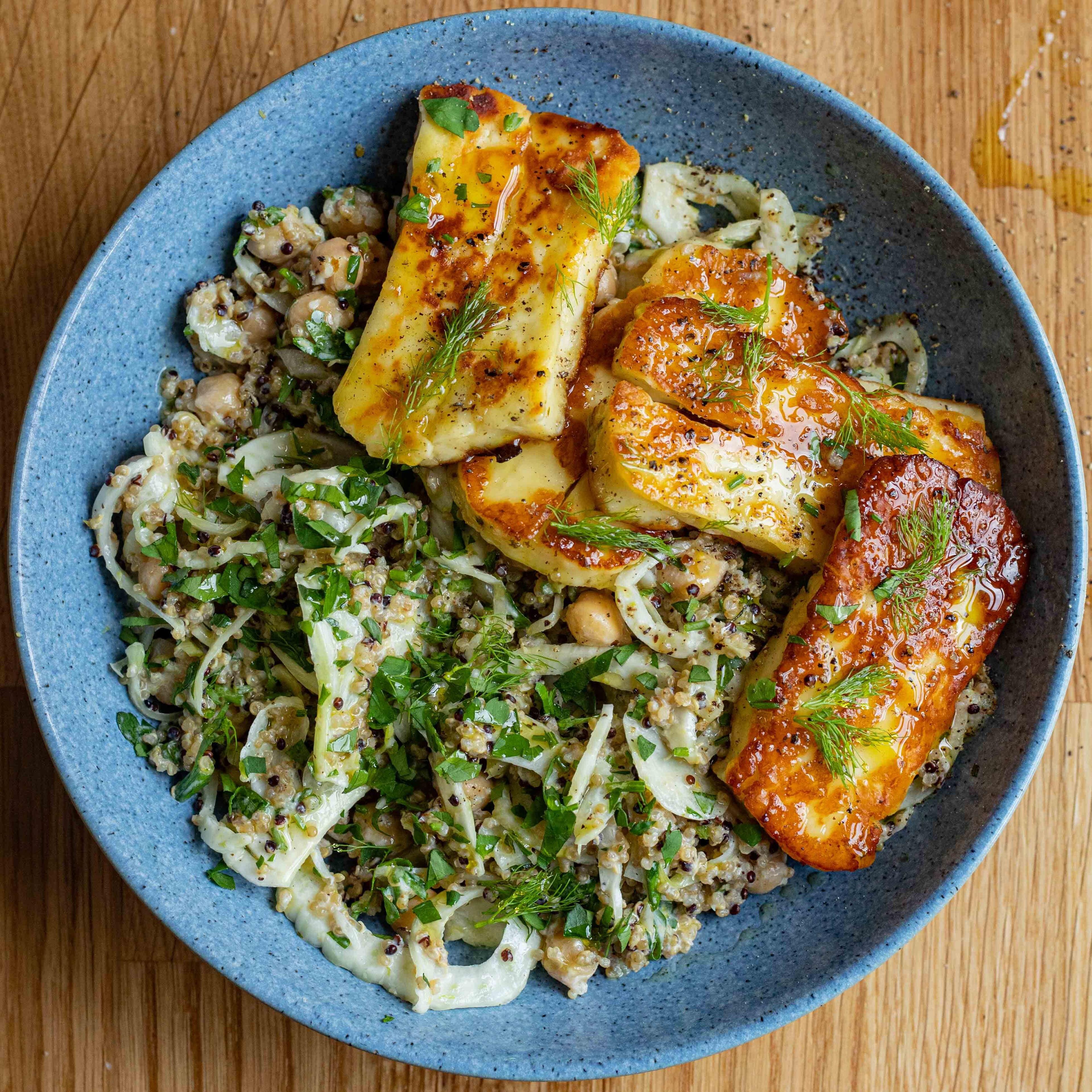 Fried Halloumi Salad with Fennel Quinoa and a Roasted Garlic Dressing