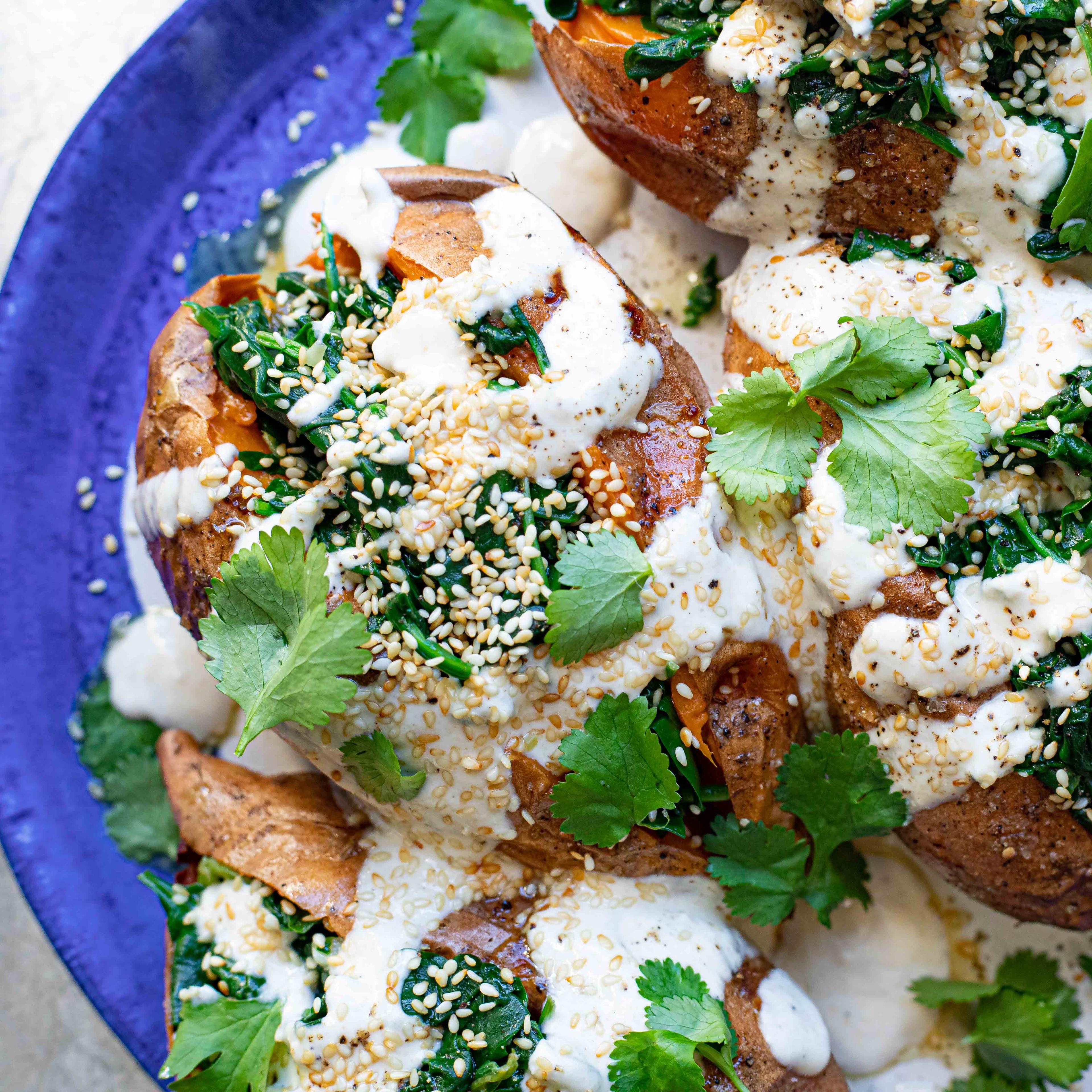 Garlicky Spinach Stuffed Sweet Potatoes