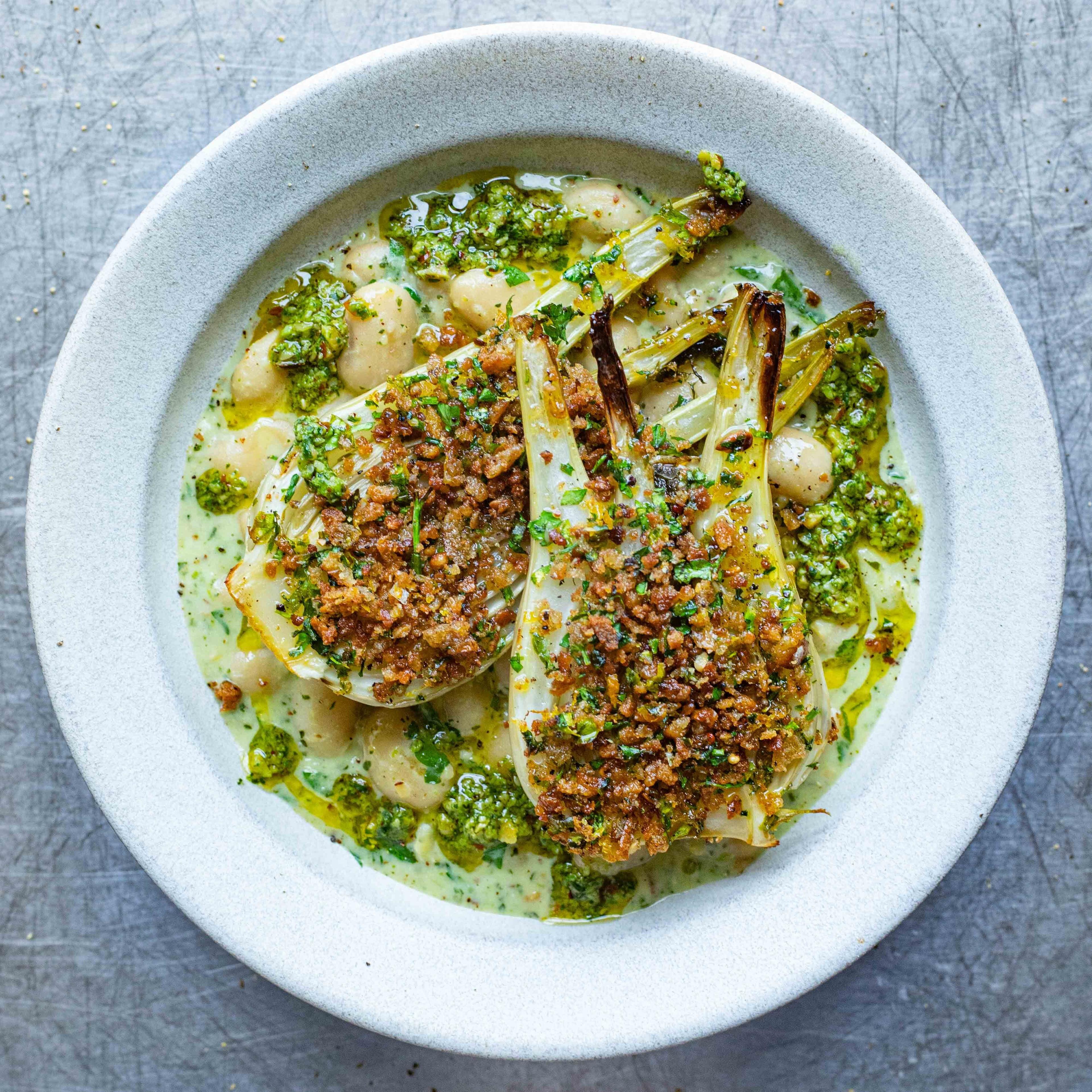 Herb Crusted Fennel With Creamy Beans Watercress Pesto