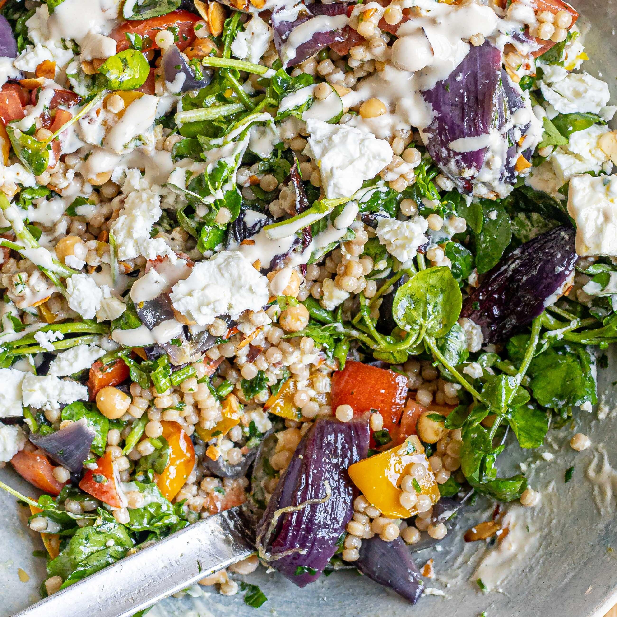 Herby Couscous and Chickpea Salad with Creamy Tahini Dressing