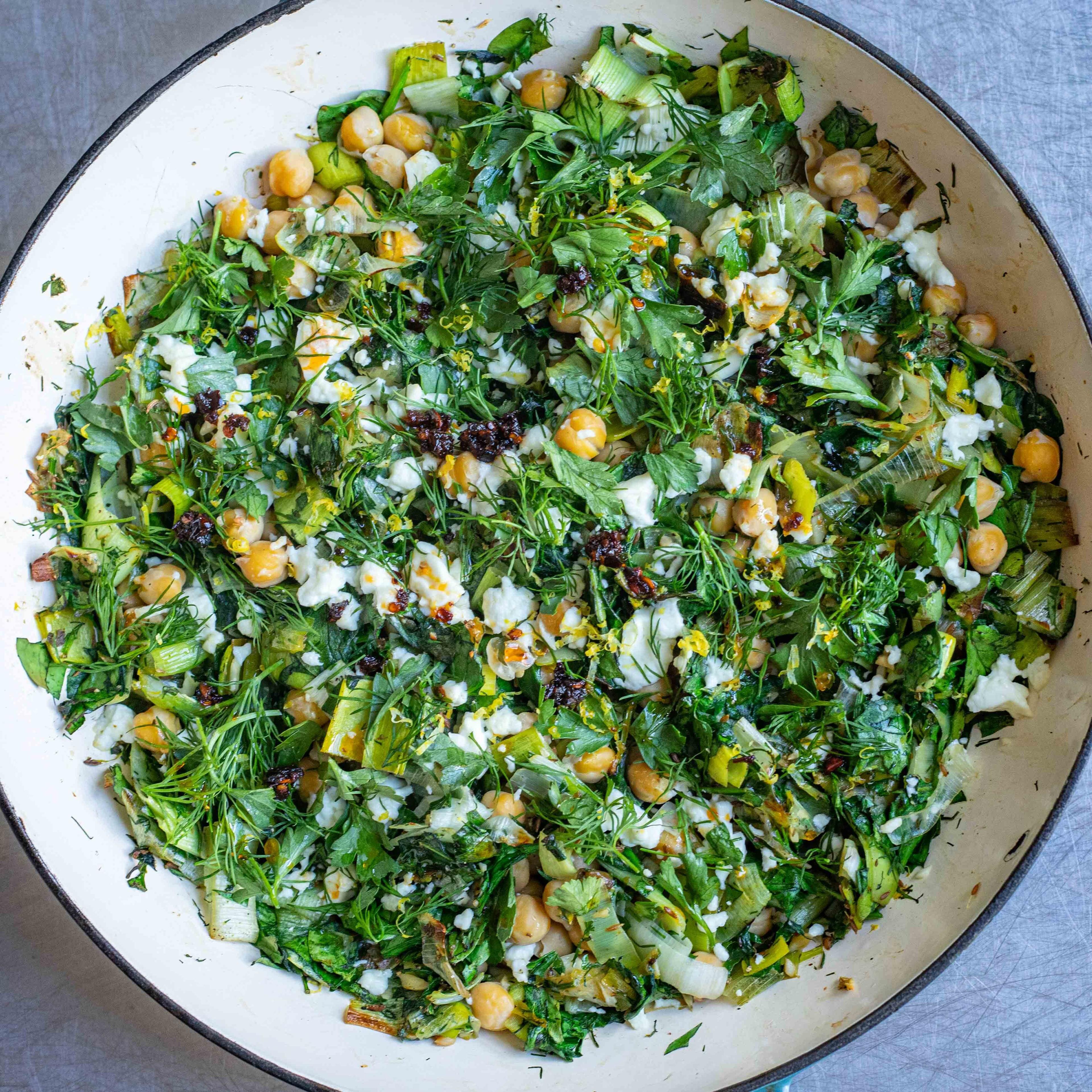 Herby Leeks With Chickpeas Chilli Feta