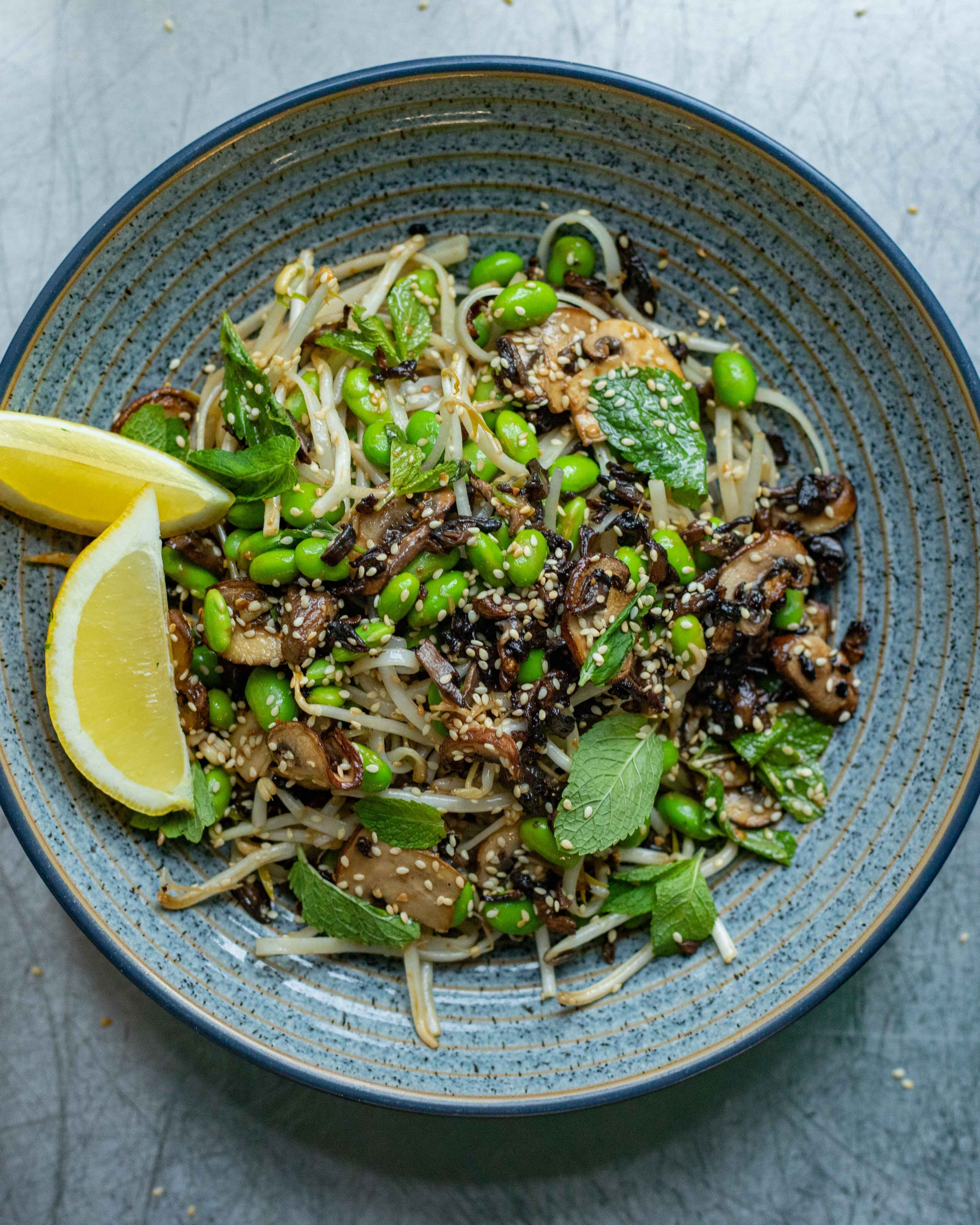 Miso Mushroom Noodles With Edamame