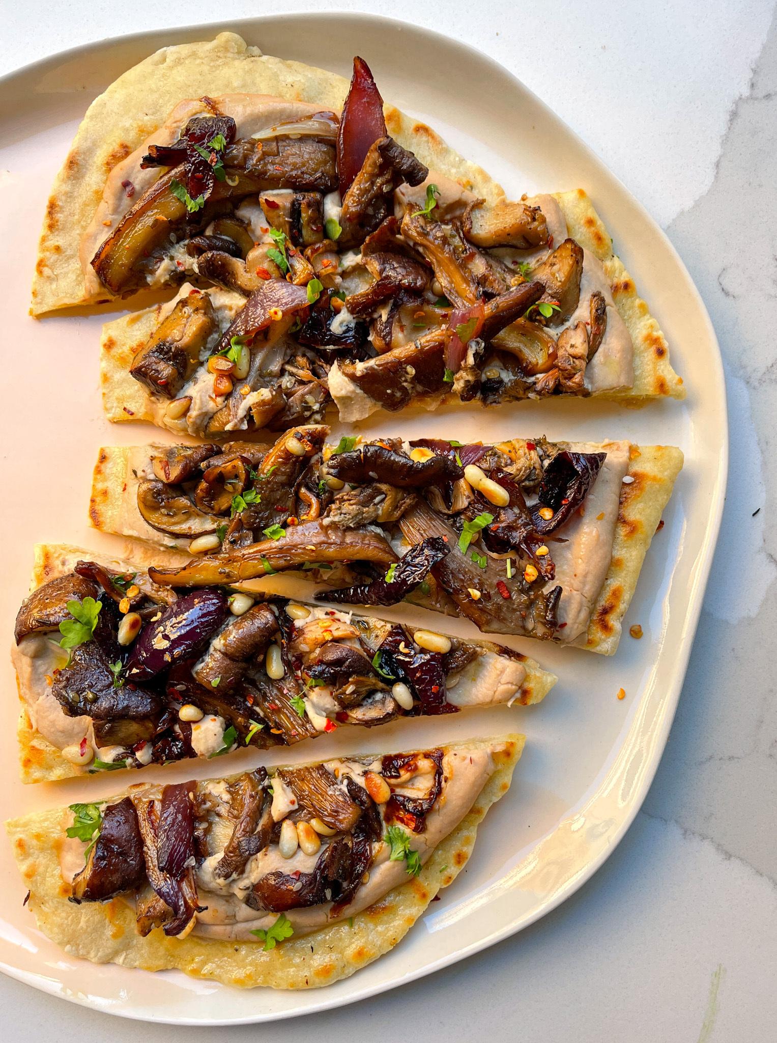 Mushroom Flatbreads with Red Onion Hummus