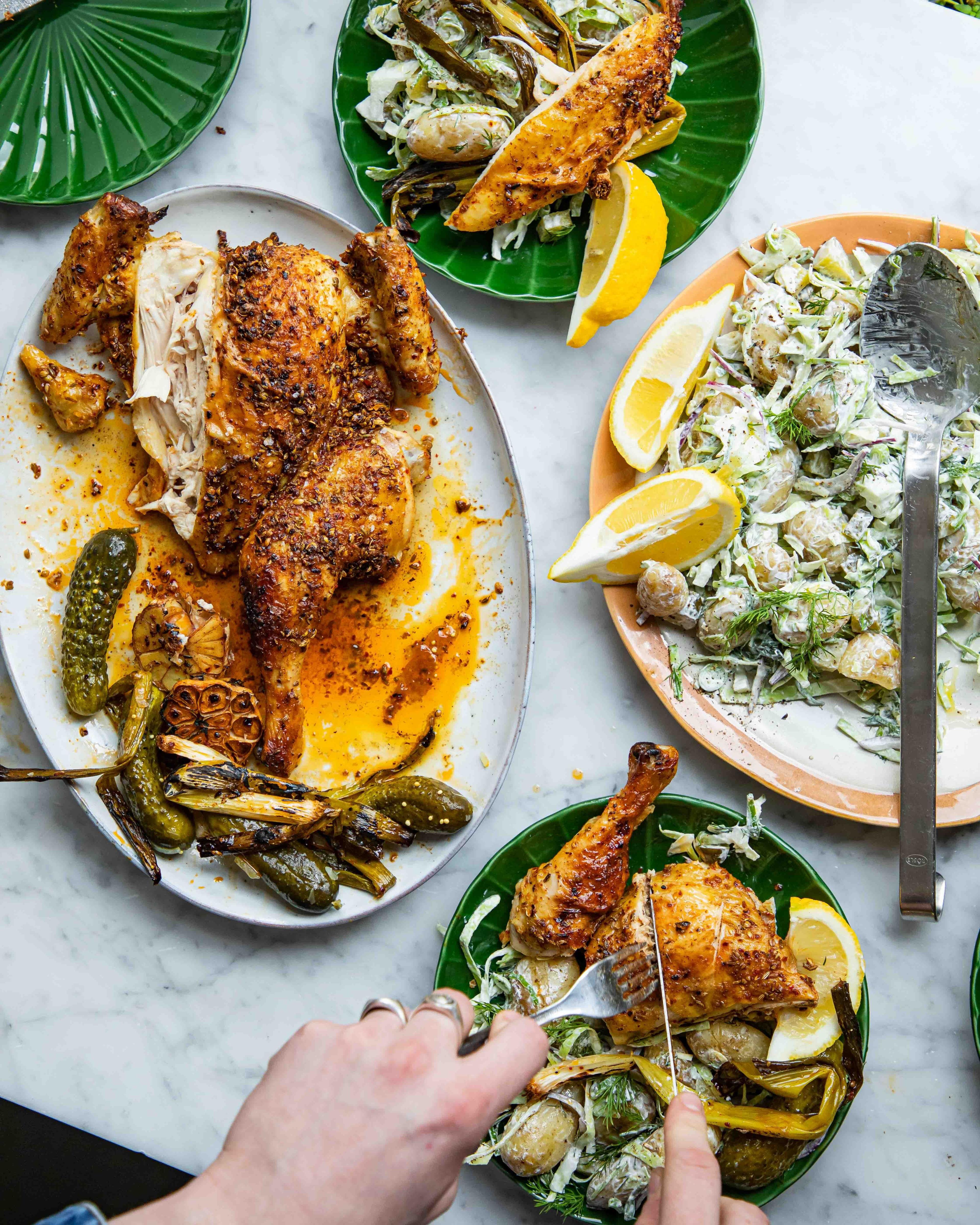 Pickle Brine Roast Chicken With Spring Onion Potato Salad