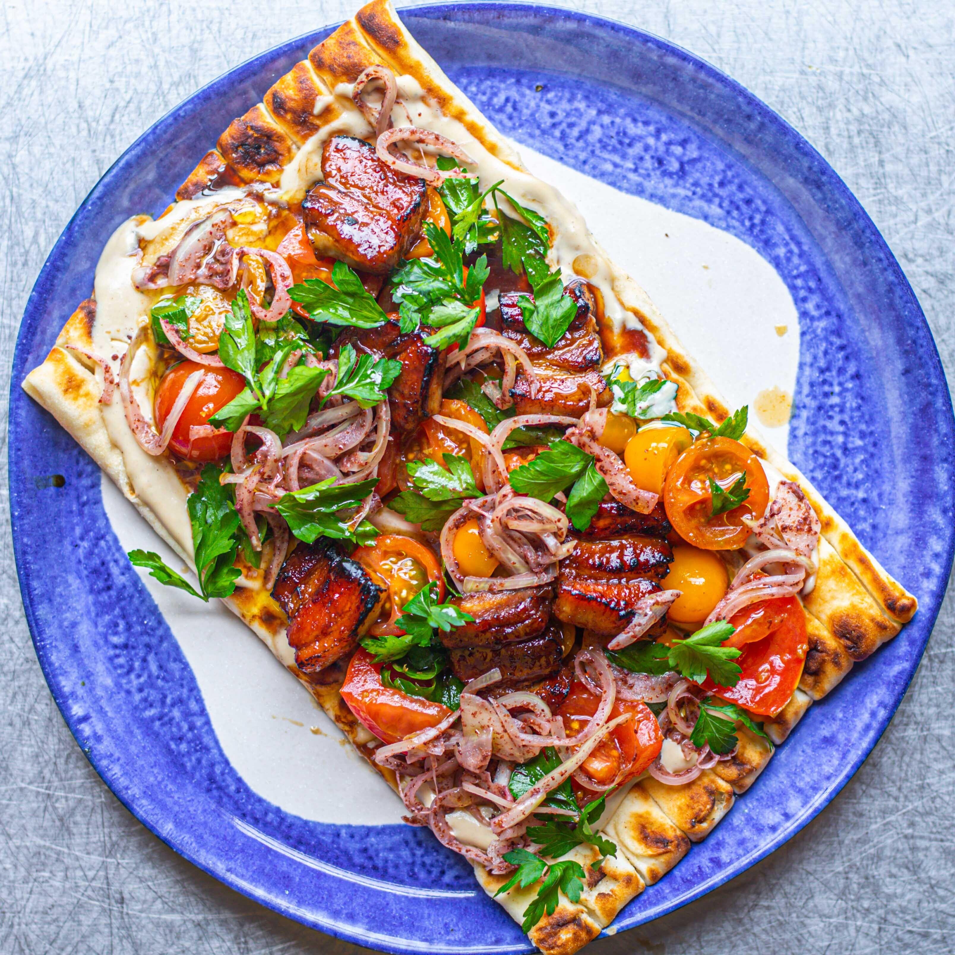 Pomegranate Pork Belly Flatbreads With Tomato Ginger Salad