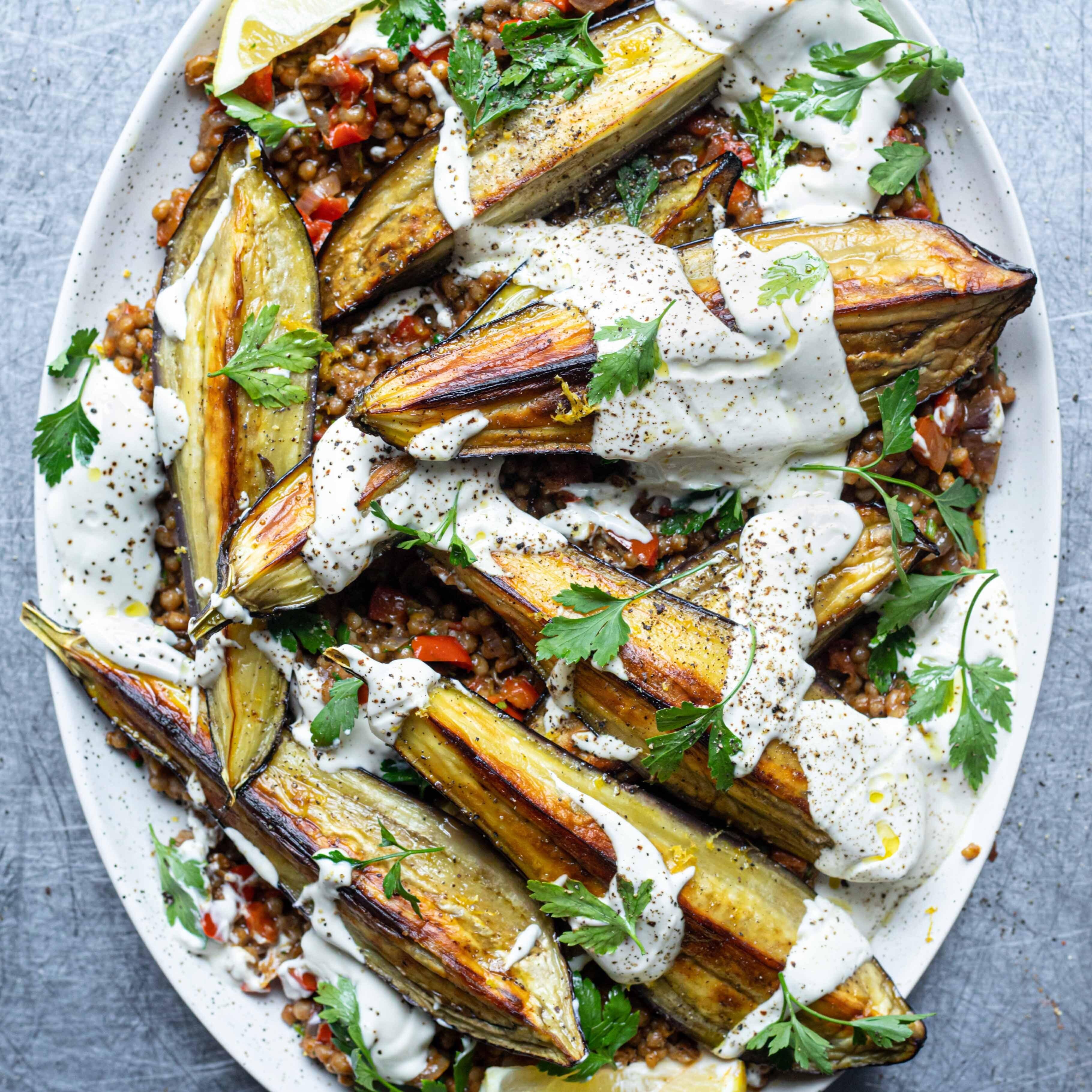 Roasted Spiced Aubergine Giant Couscous and Yoghurt Sauce