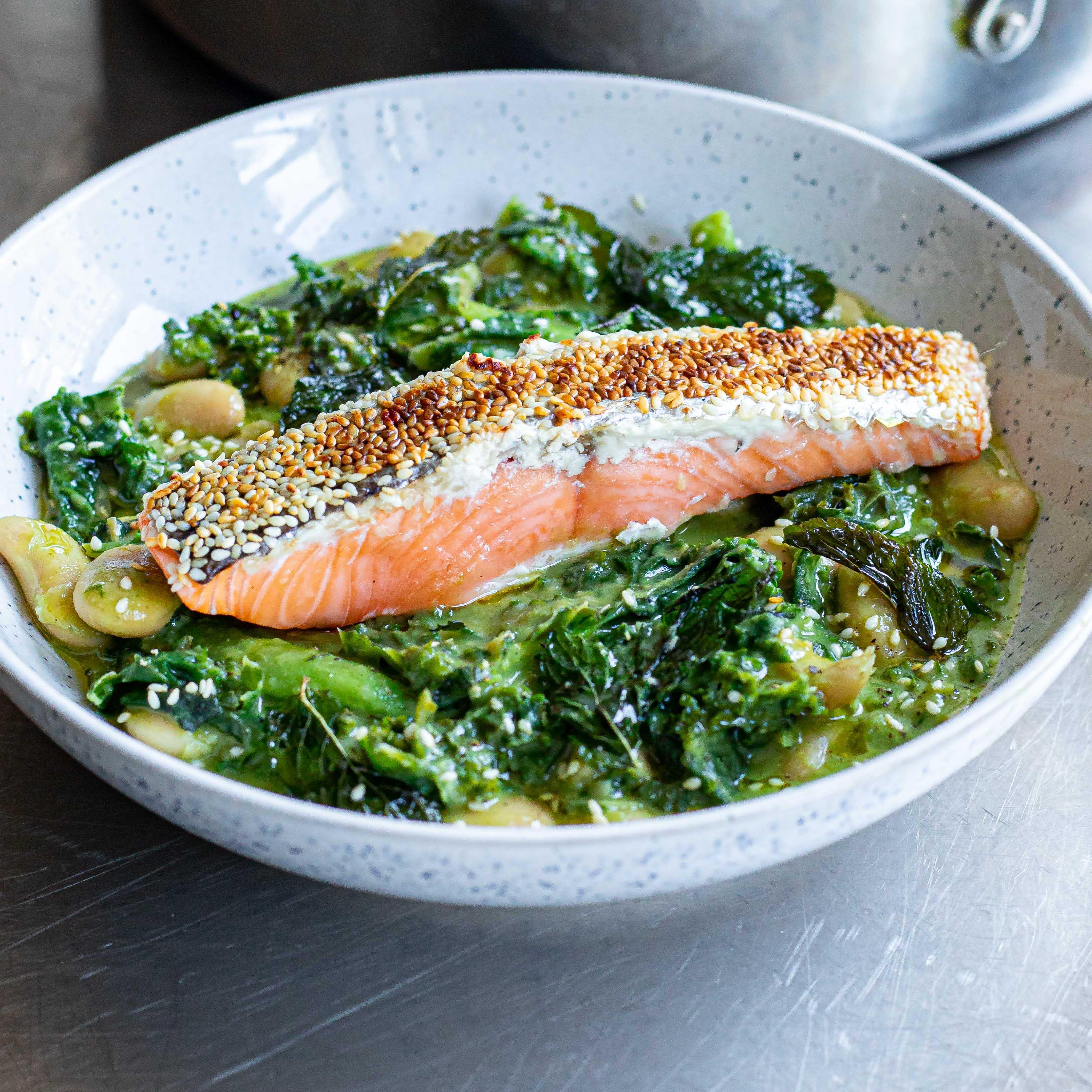 Sesame Crusted Salmon With Minty Butter Beans