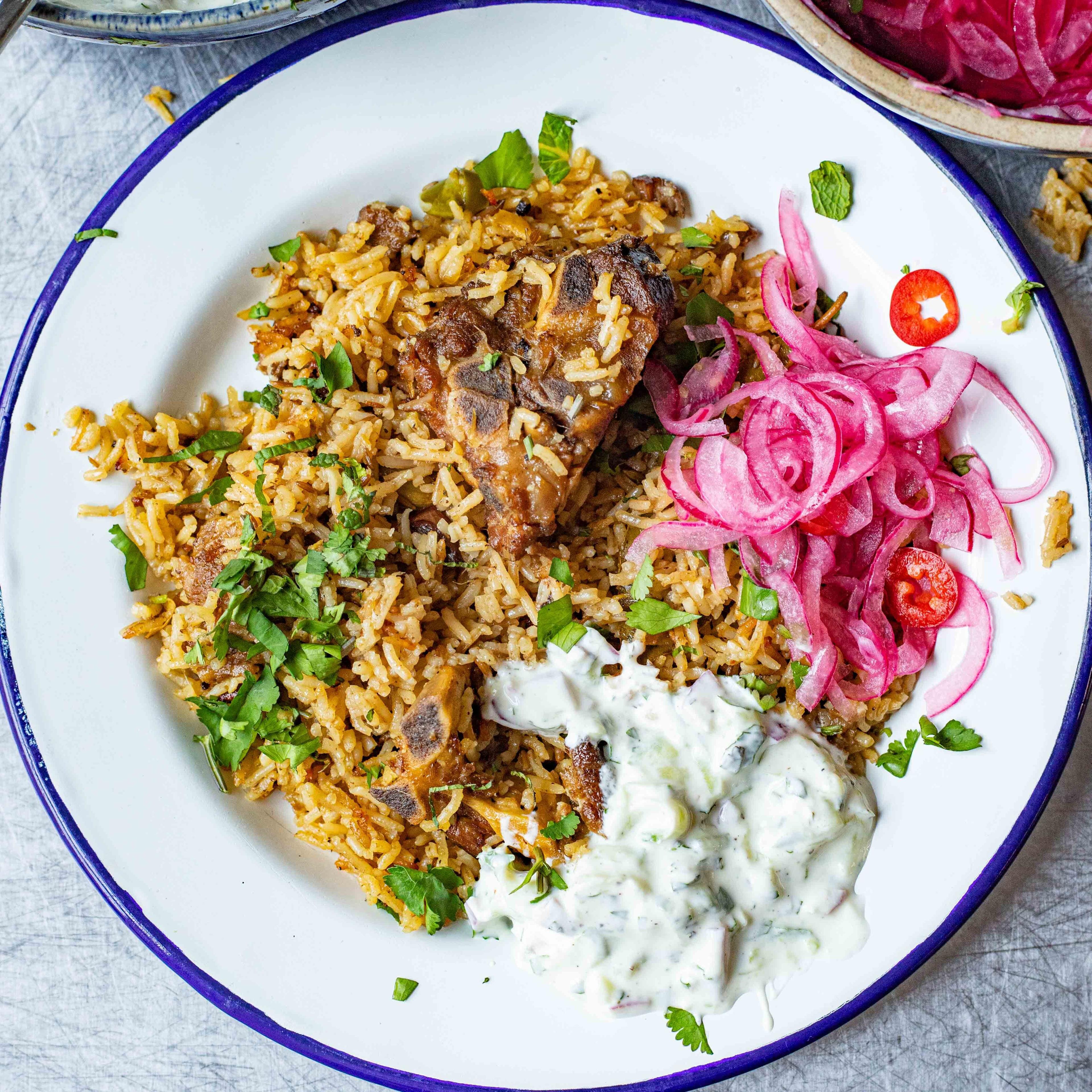 Slow Cooked Lamb Pilau With Cucumber Raita