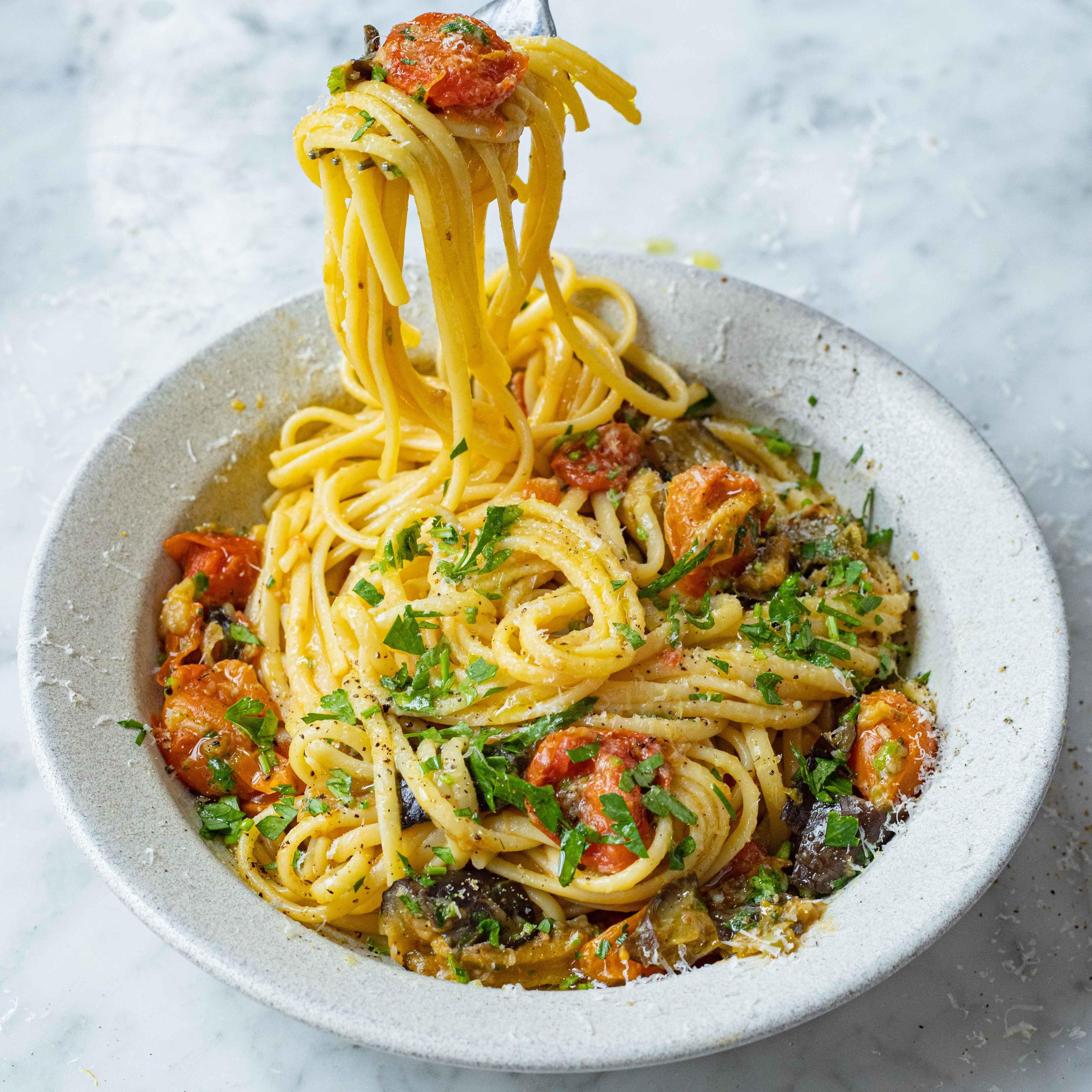 Slow Roasted Tomato Garlic and Aubergine Pasta