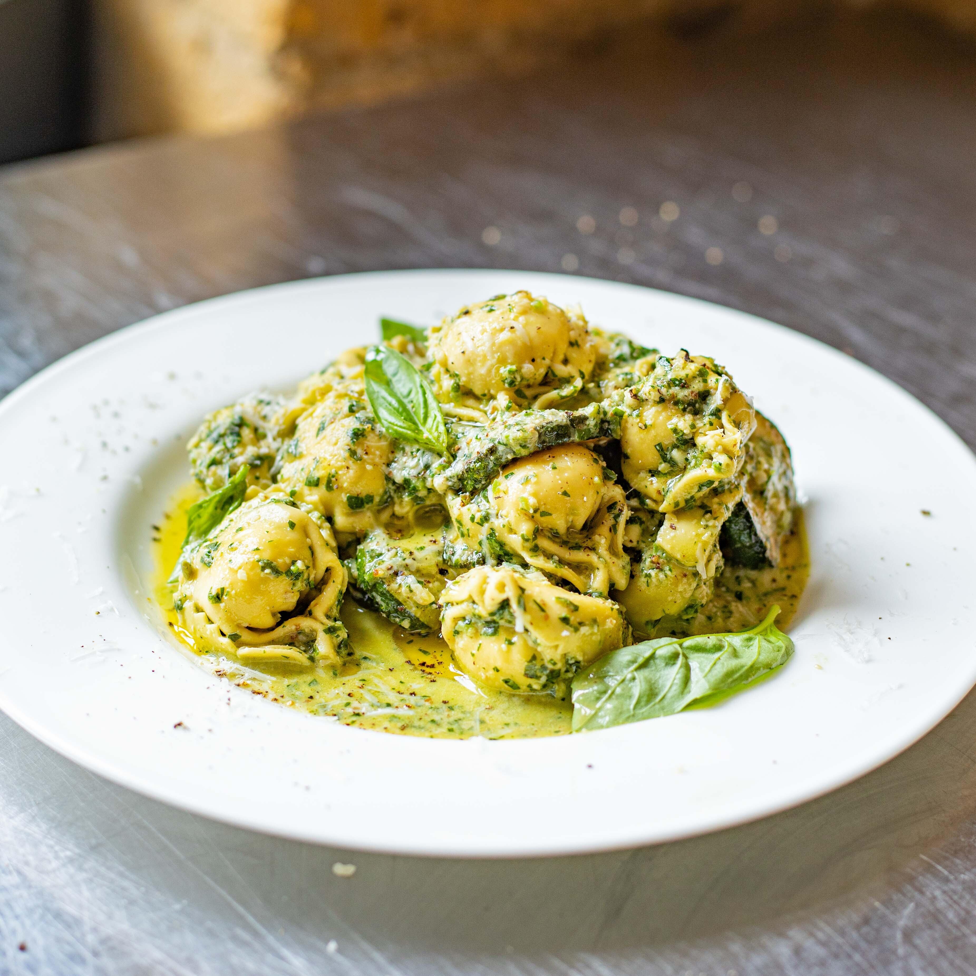 Spinach Tortelloni With Golden Courgettes Spicy Walnut Pesto