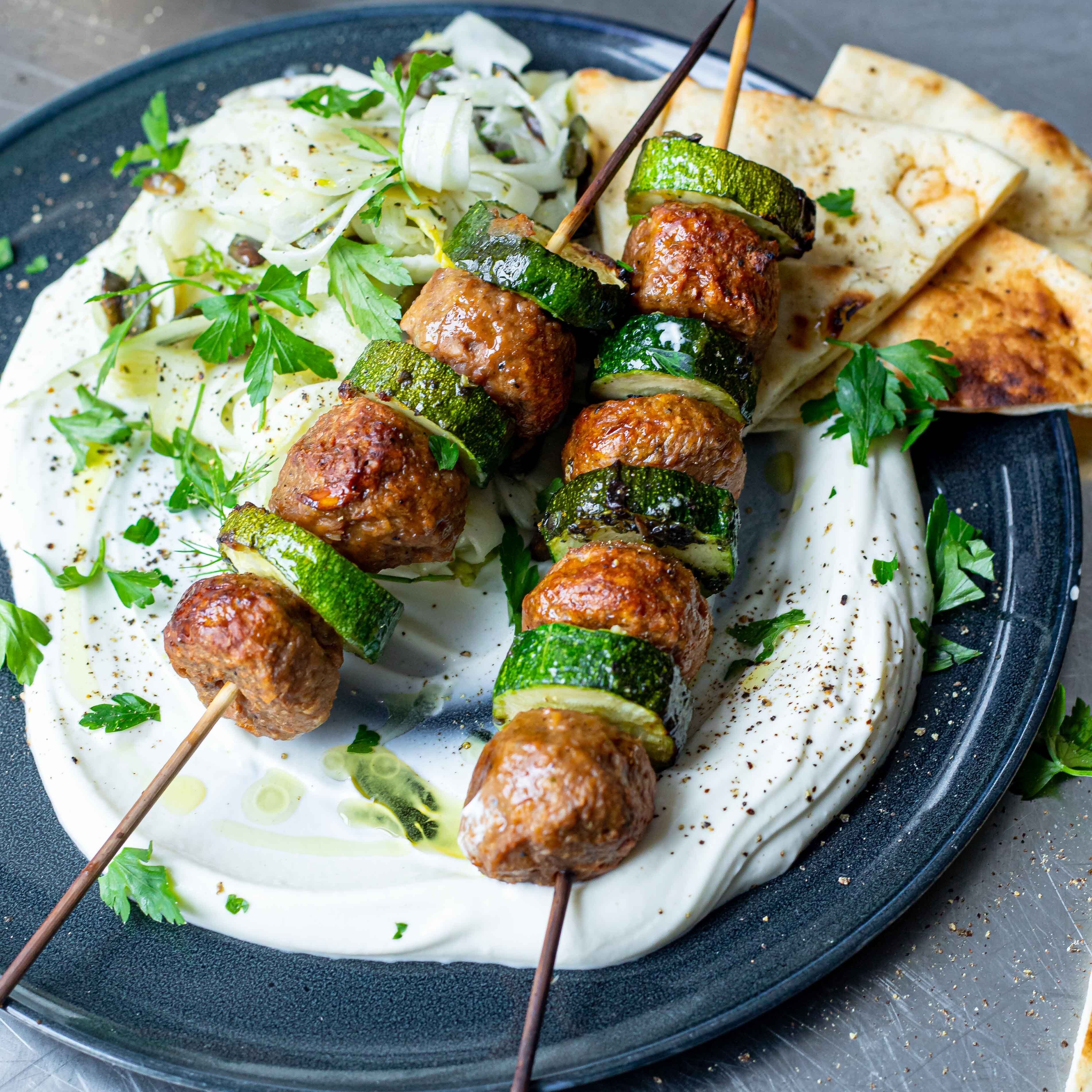 Veggie Meatball Kebabs With Fennel Pumpkin Seed Slaw