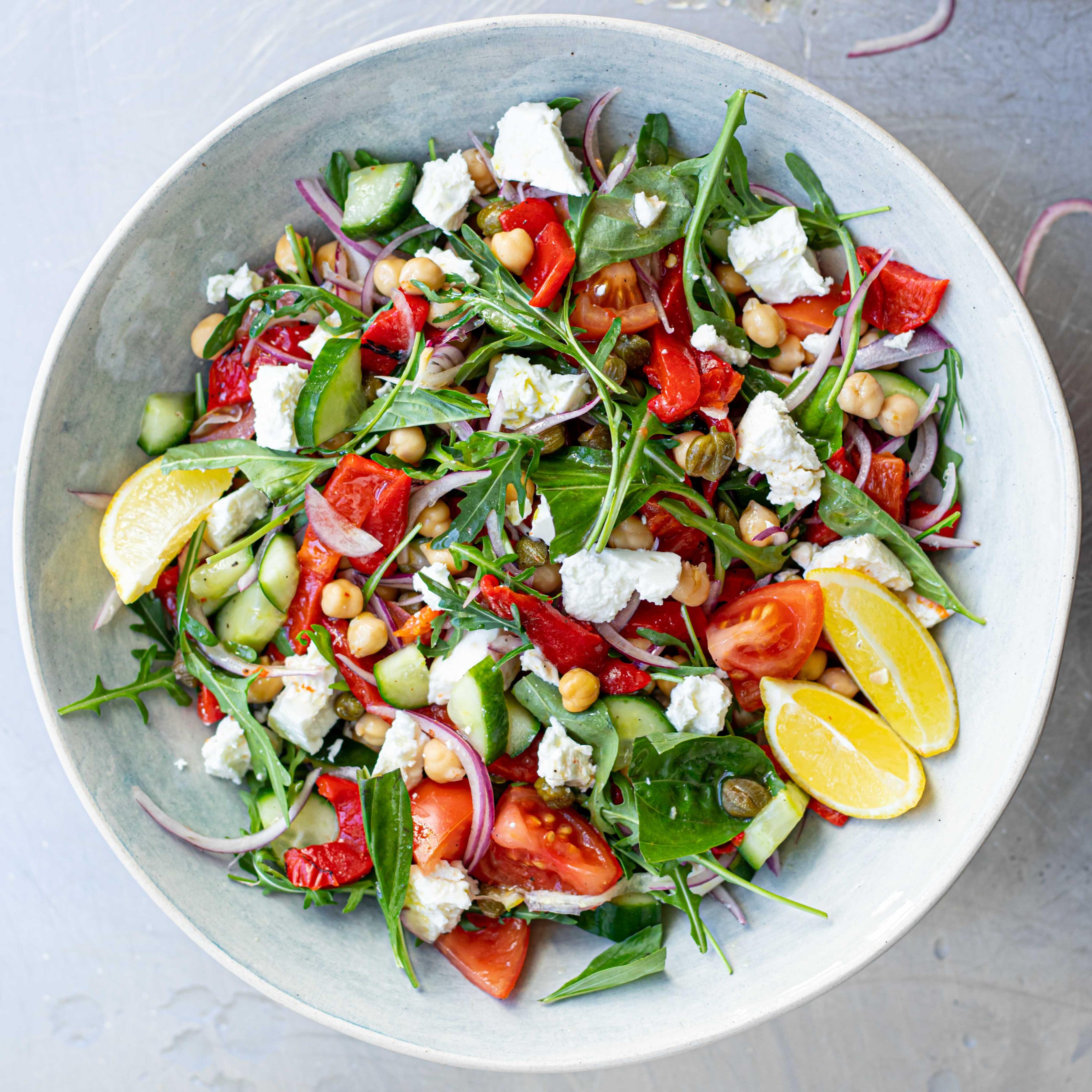 Warm Chickpea Feta Roasted Pepper Salad