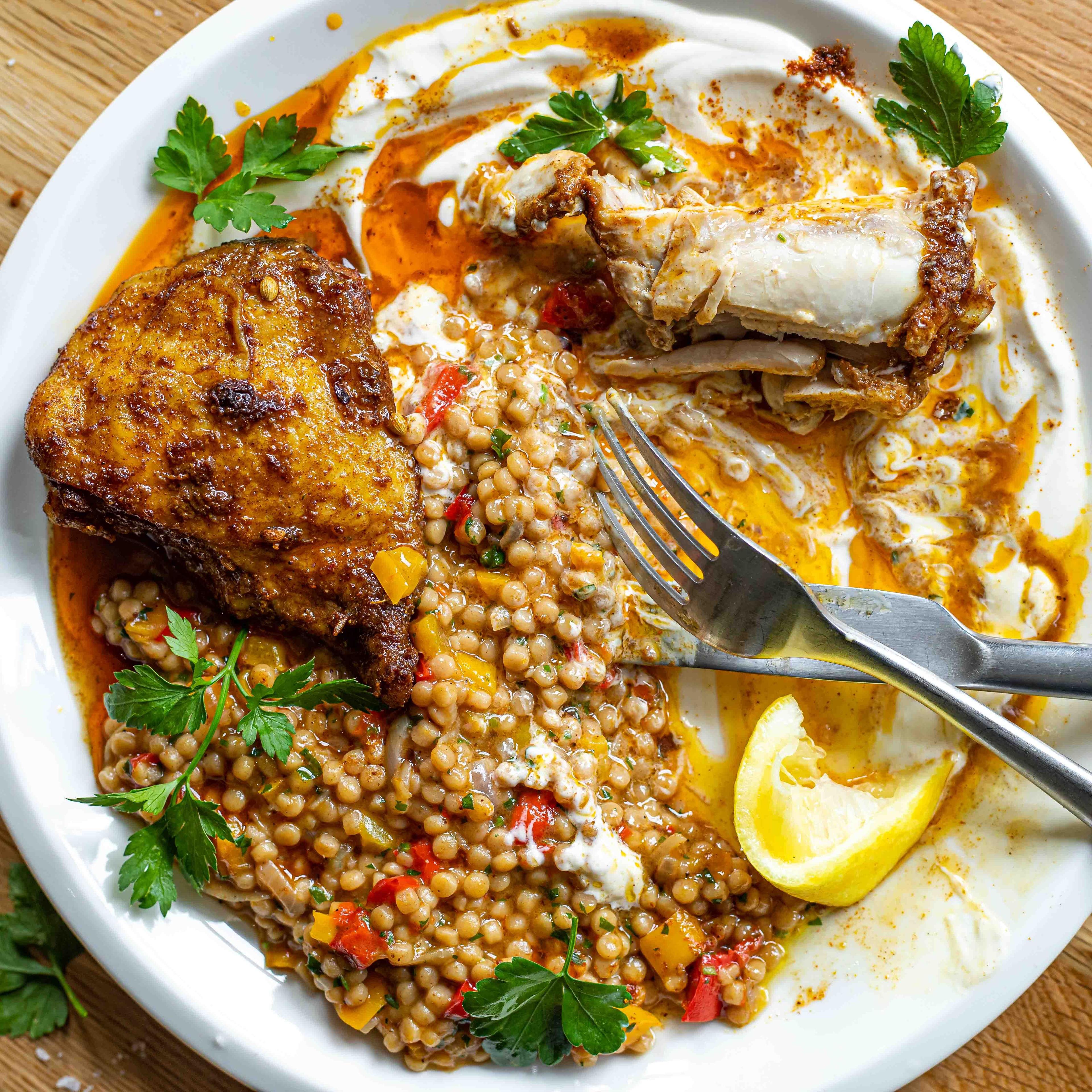 Warming Roast Chicken and Giant Couscous with Creamy Yoghurt Sauce