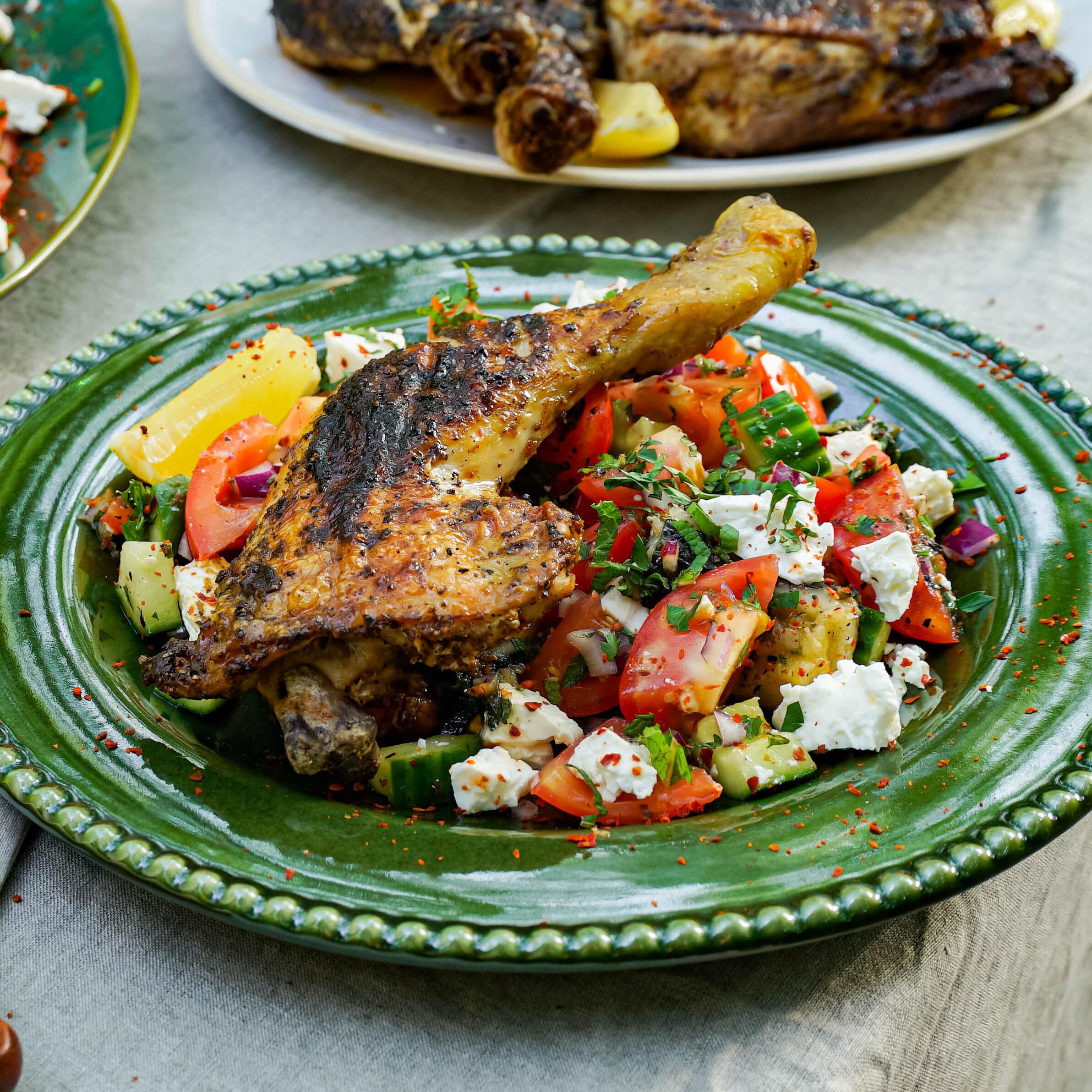 Chicken Legs with Burnt Courgette And Tomato Salad