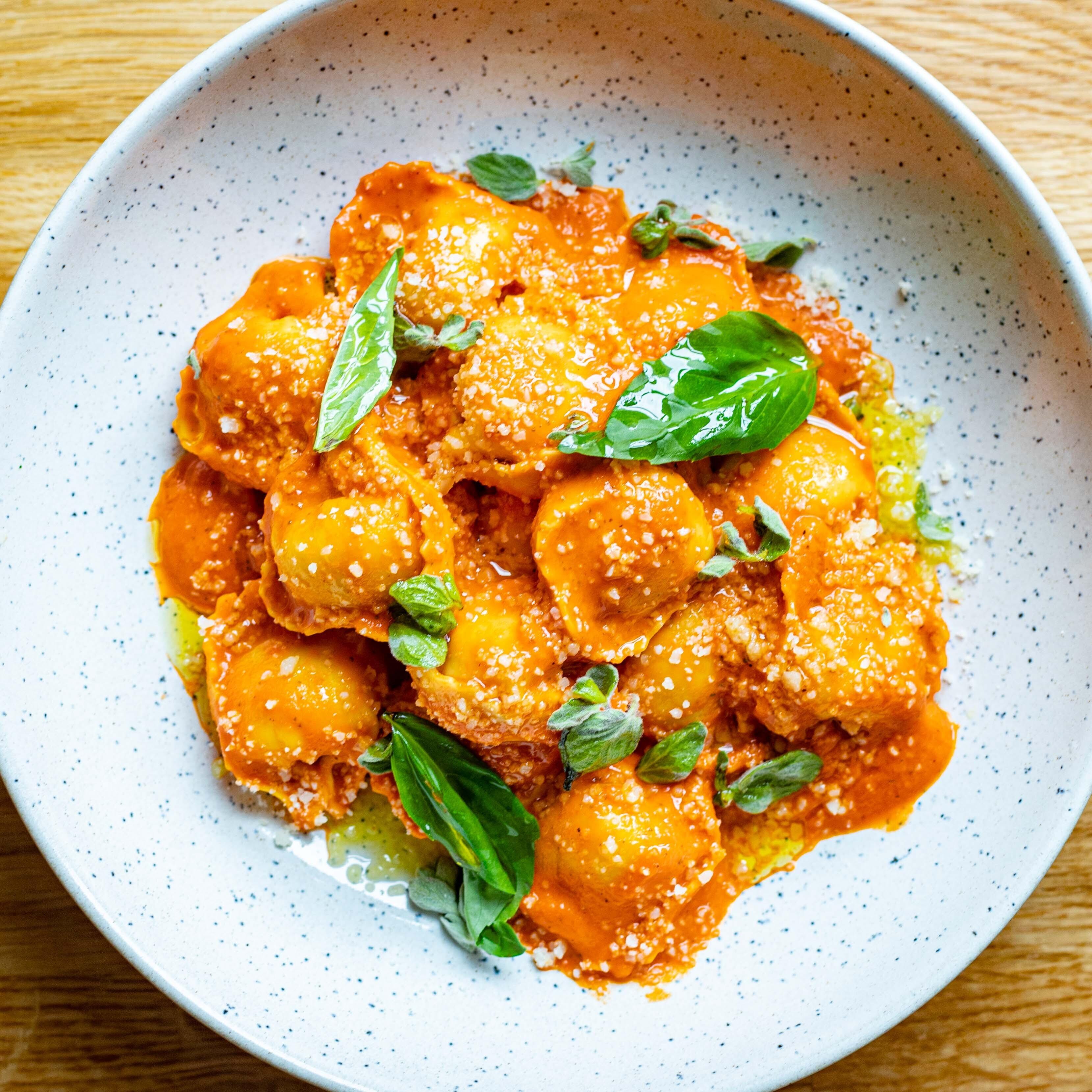 Chicken Pancetta Tortelloni With Red Romesco Oregano