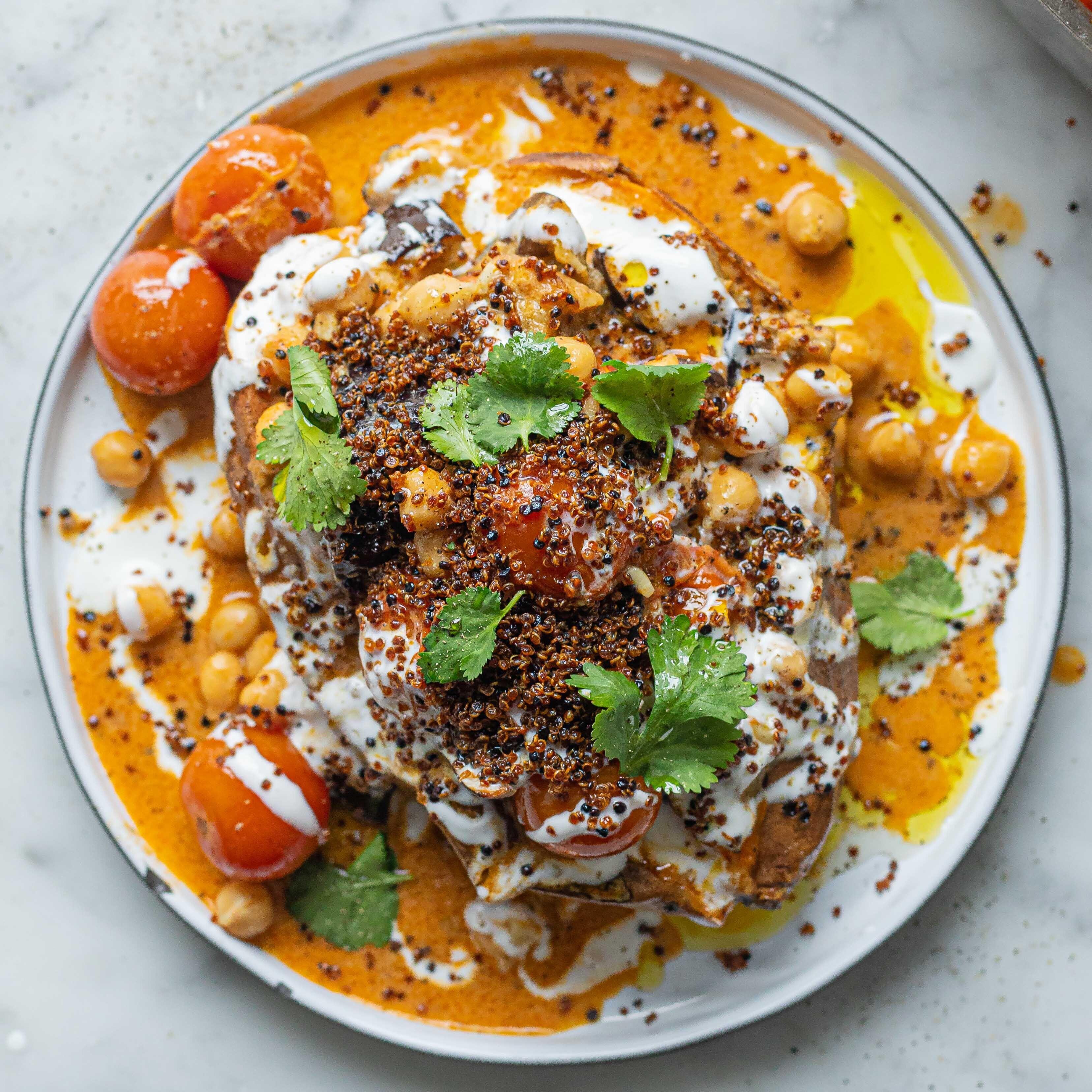 Chickpea Aubergine Curry Stuffed Sweet Potato