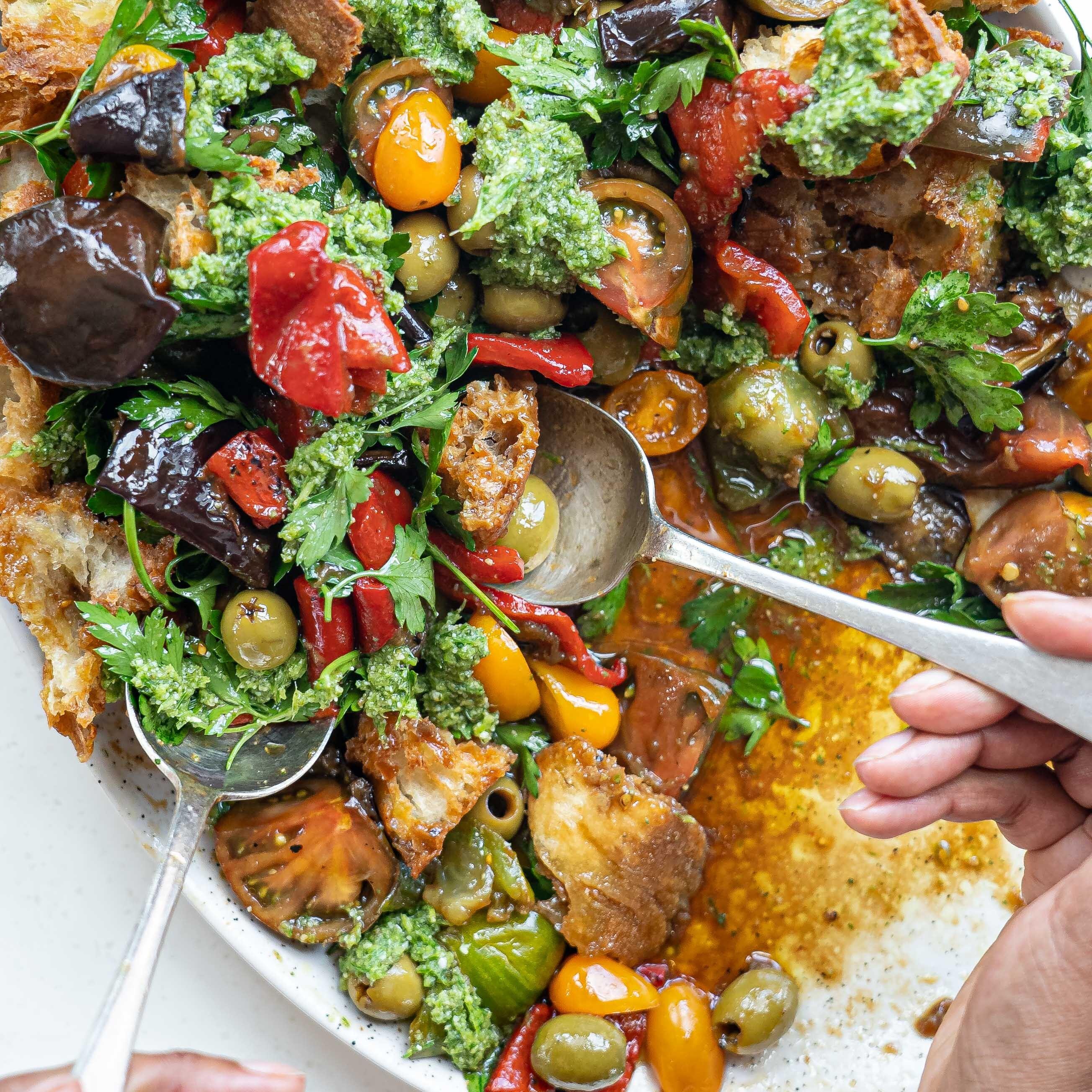 Ratatouille Panzanella With Spicy Oregano Pesto