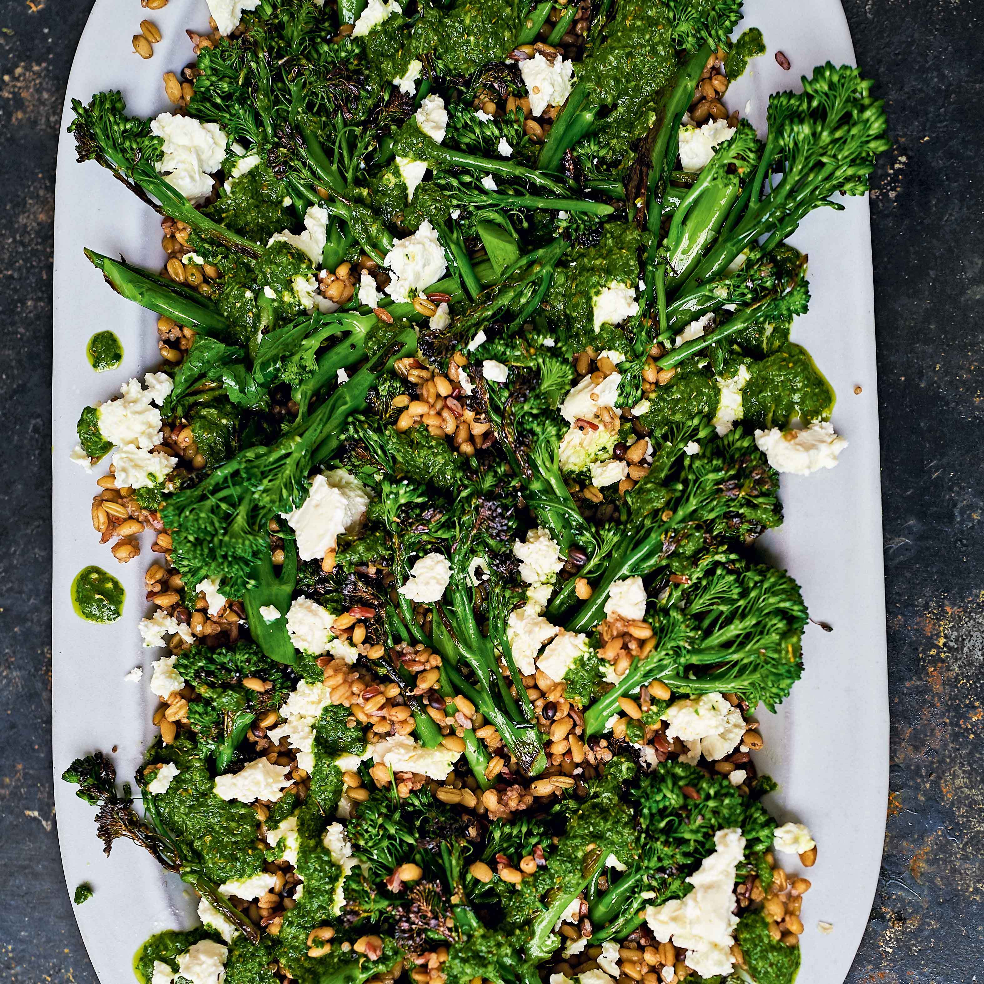 Grilled Broccoli Feta Chimichurri Grain Bowl