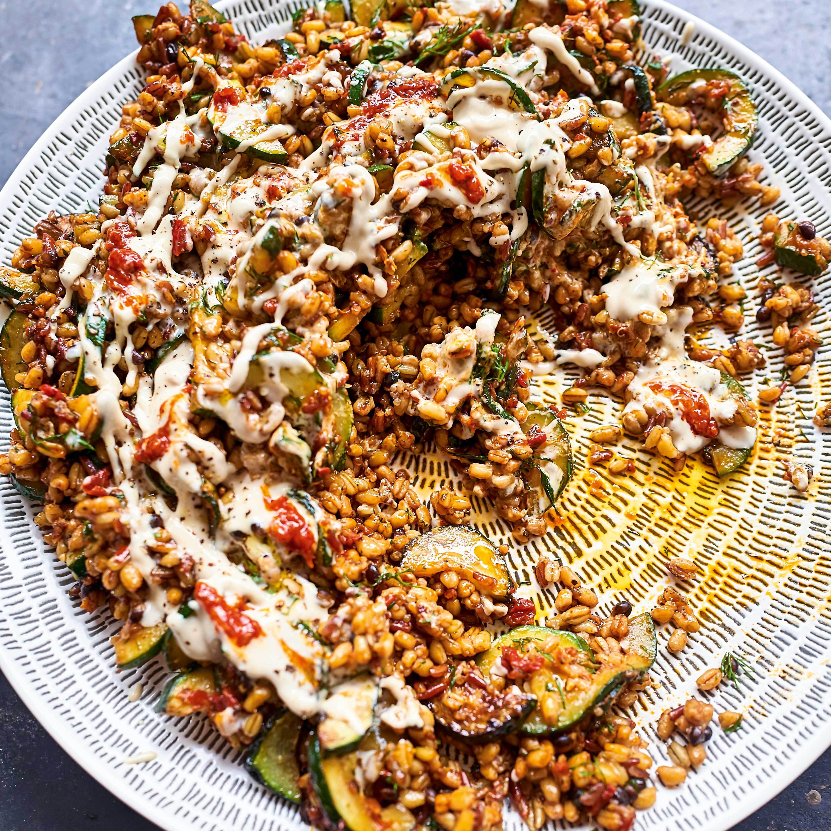 Harissa Courgette Grain Salad With Tahini Dressing