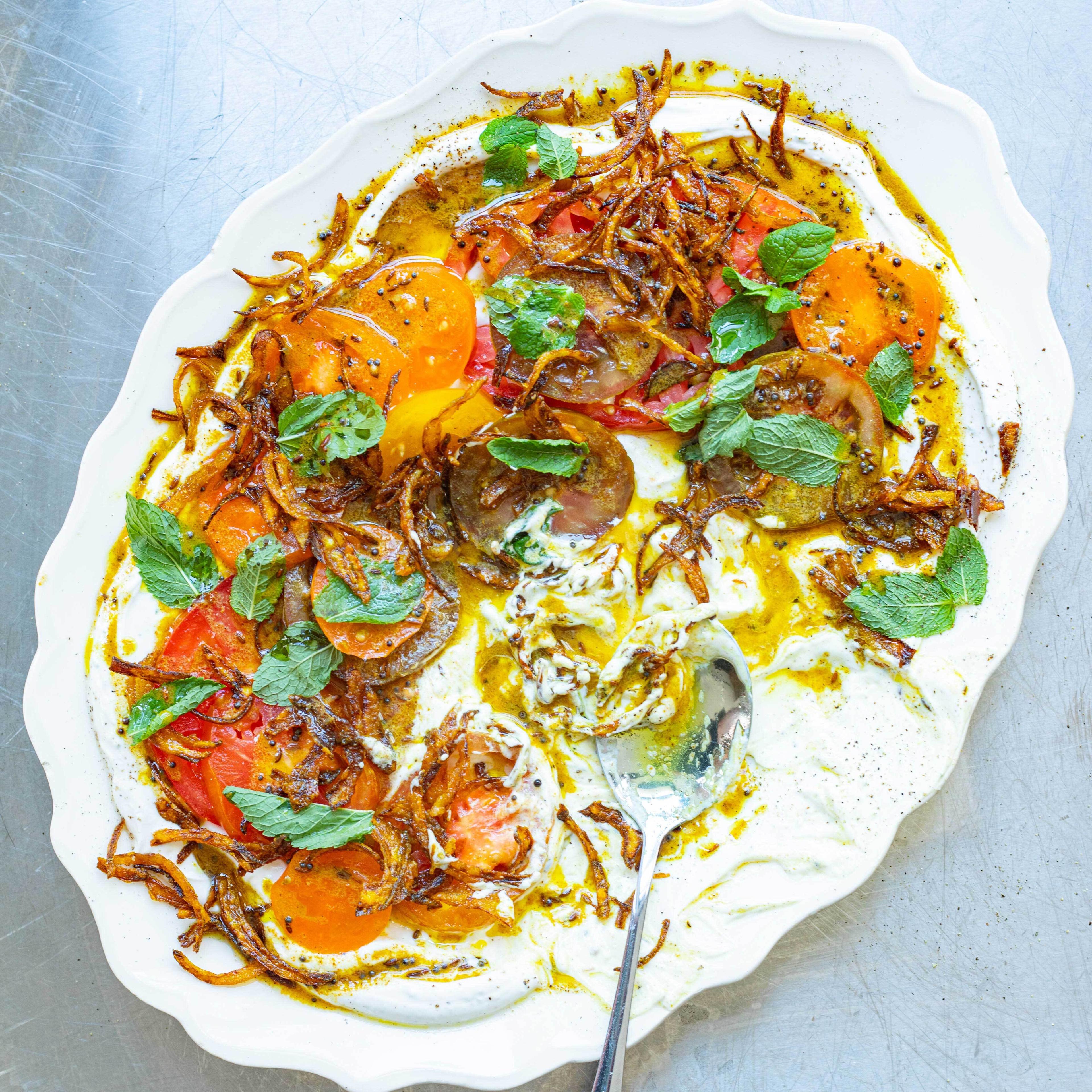 Tomato And Bhaji Salad With Nice Spicy Yoghurt Dressing