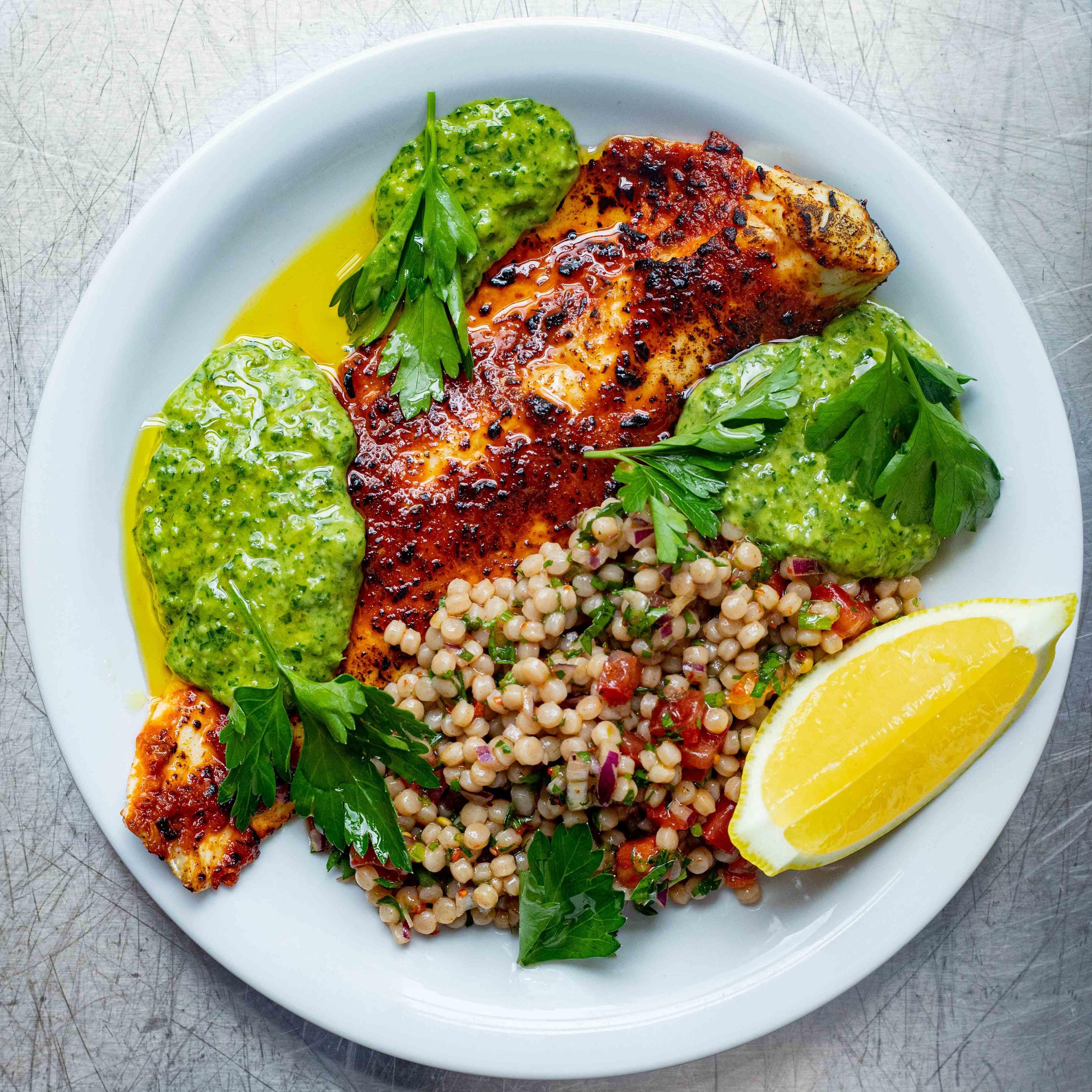 Charred Sea Bass With Fregola Salad