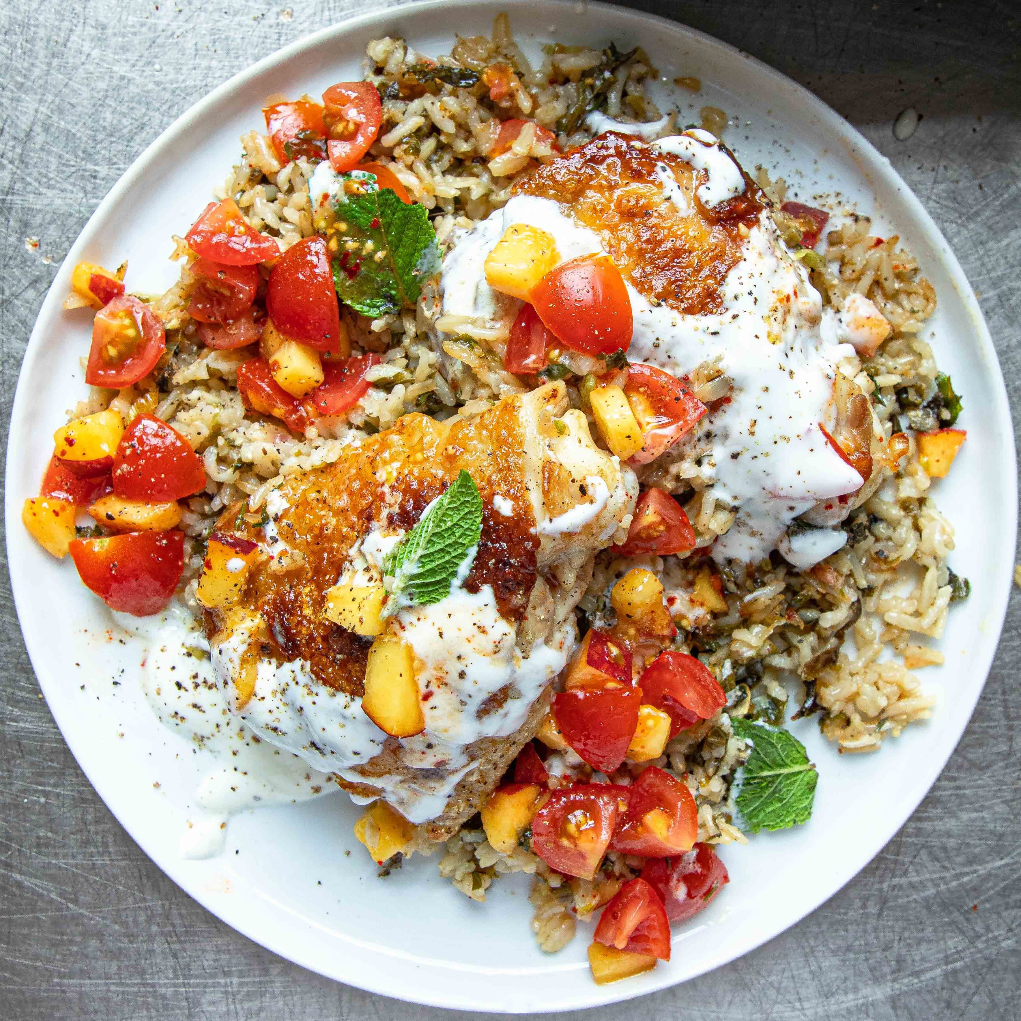 Crispy Chicken Brown Rice With Hot Sauce Salsa