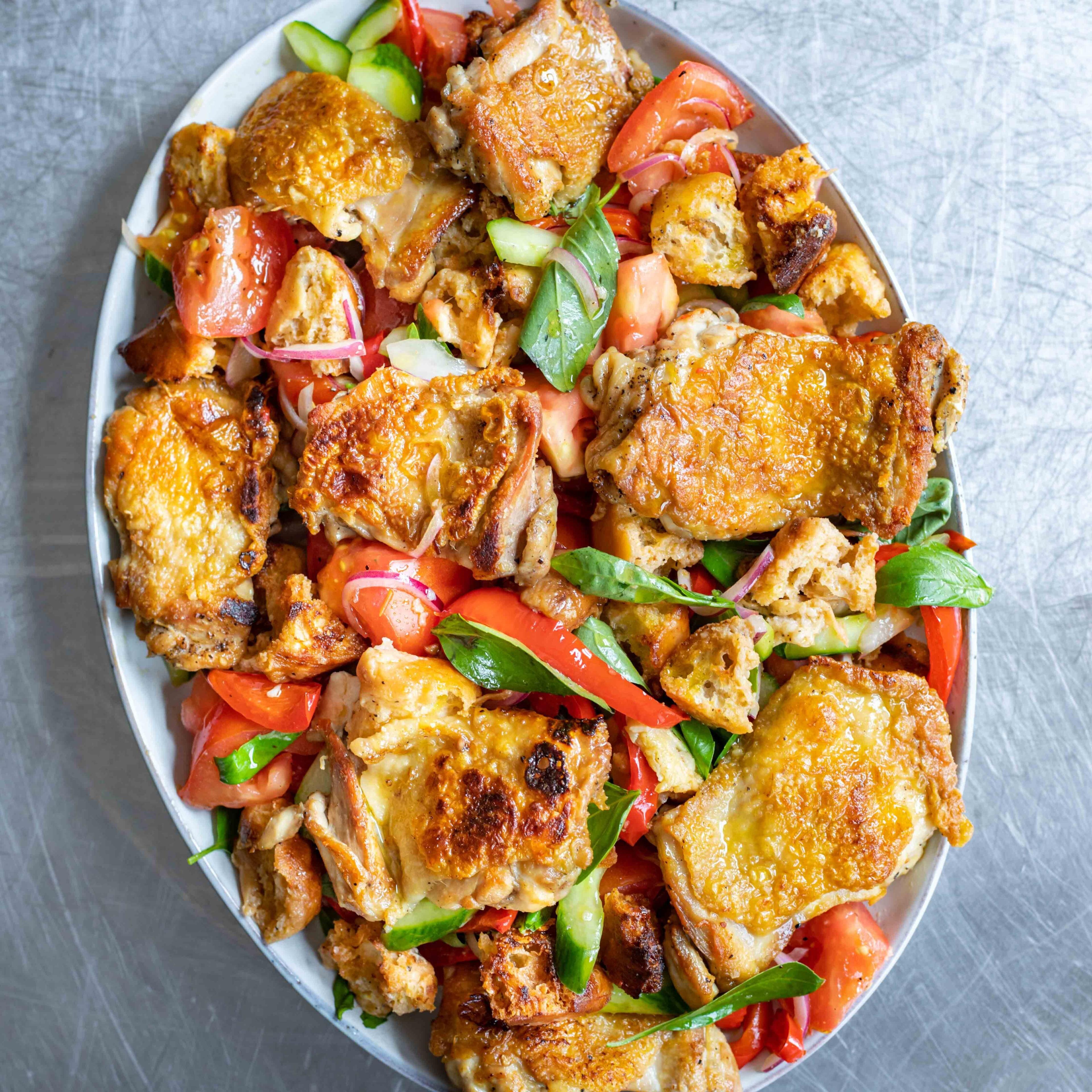 Crispy Chicken Charred Pepper Panzanella