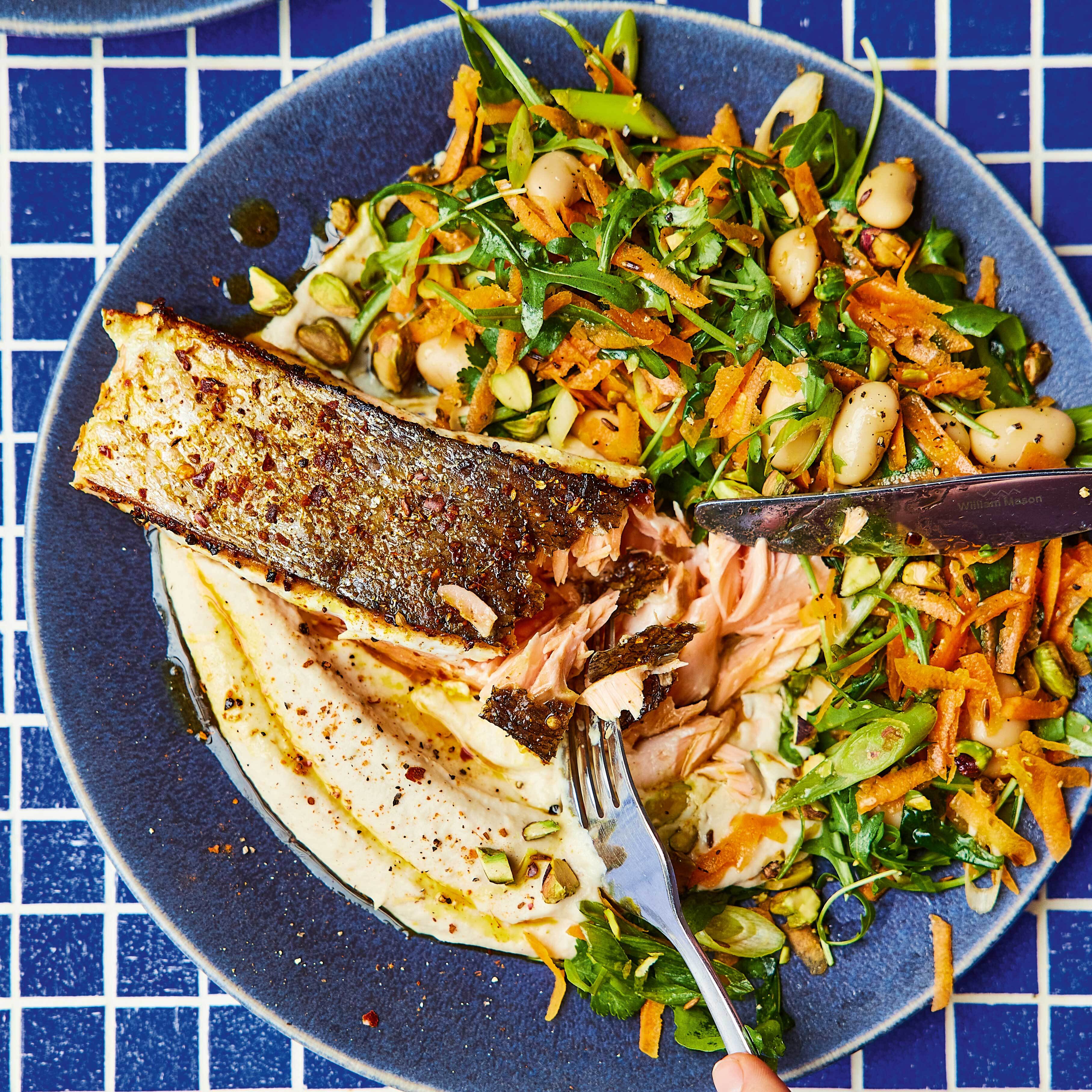 Ras el Hanout Salmon With Bean Hummus