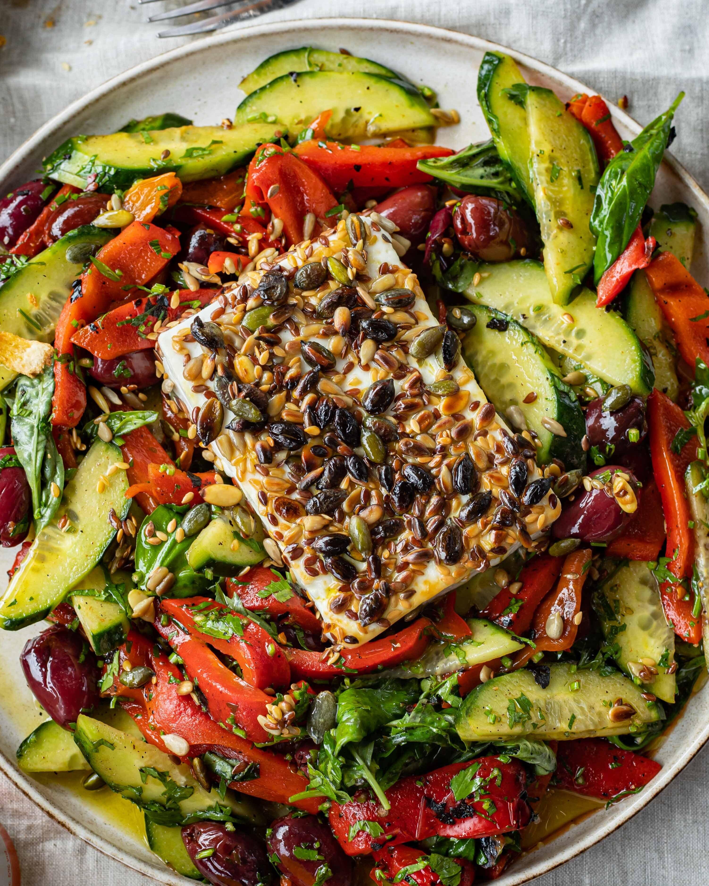 Roasted Marinated Peppers With Seedy Crusted Feta