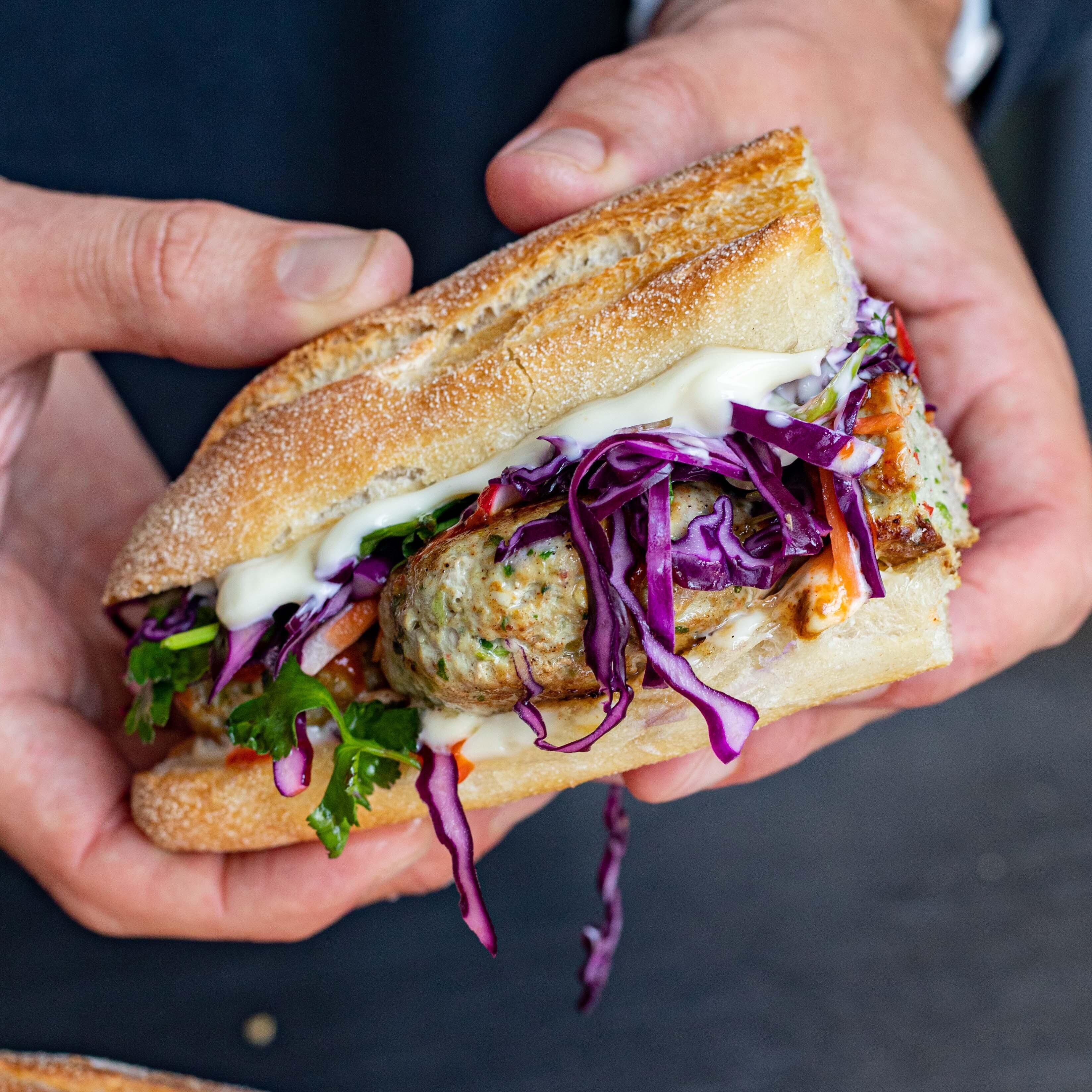 Spicy Pork Meatball Sando with Pickled Peanut Slaw