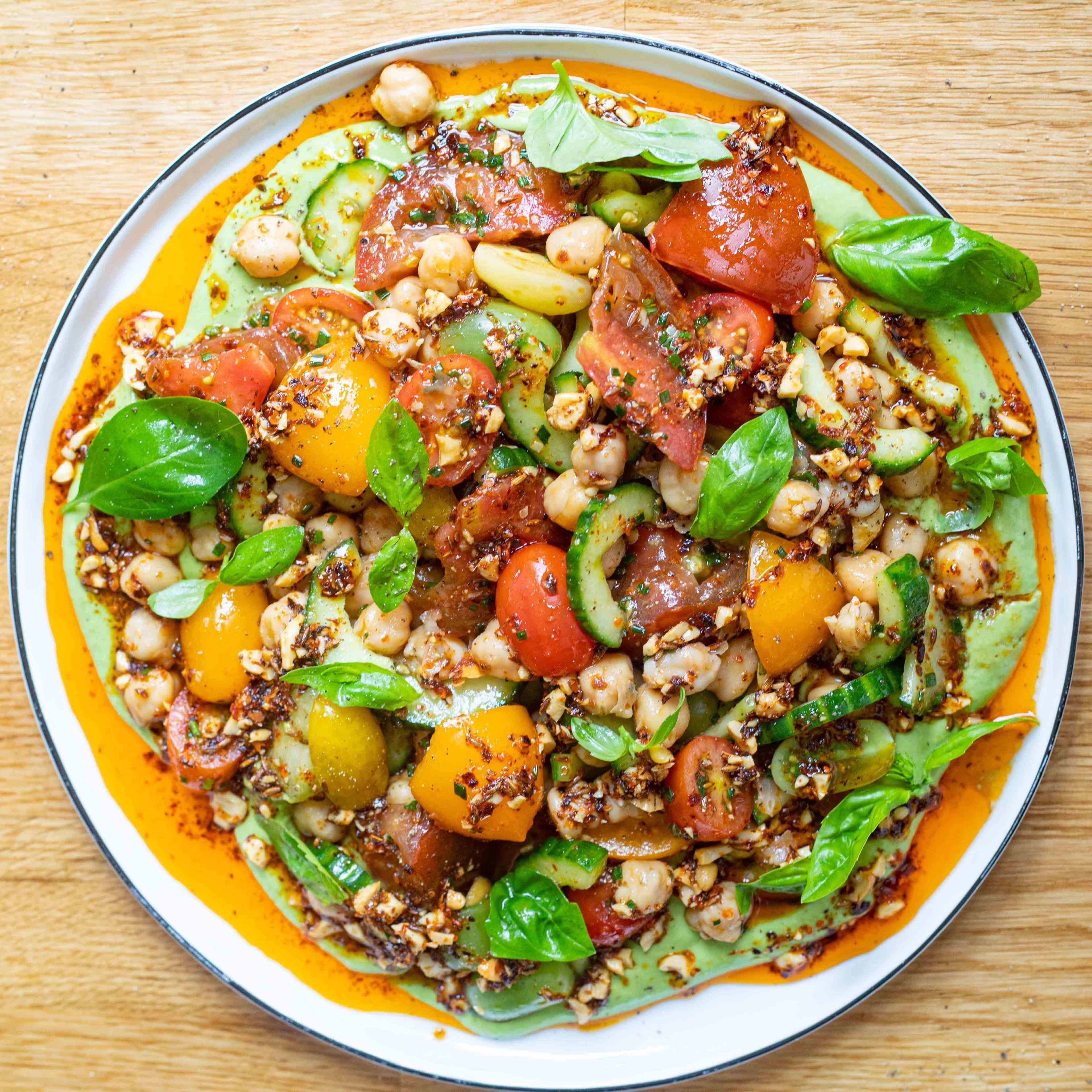 Tomato Chickpea Salad on Green Kefir Dressing