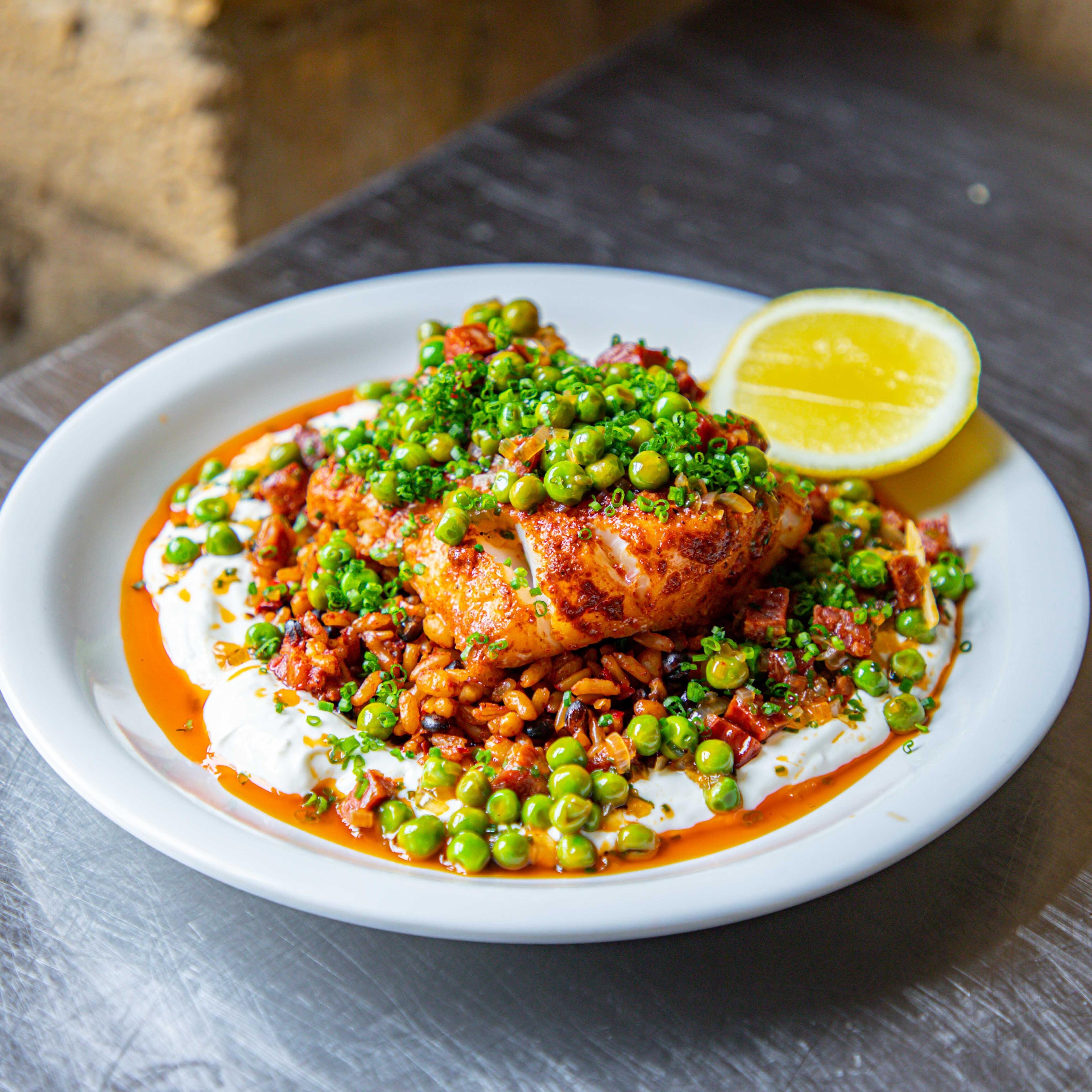 Baked Paprika Cod With Peas Spicy Chorizo Dressing