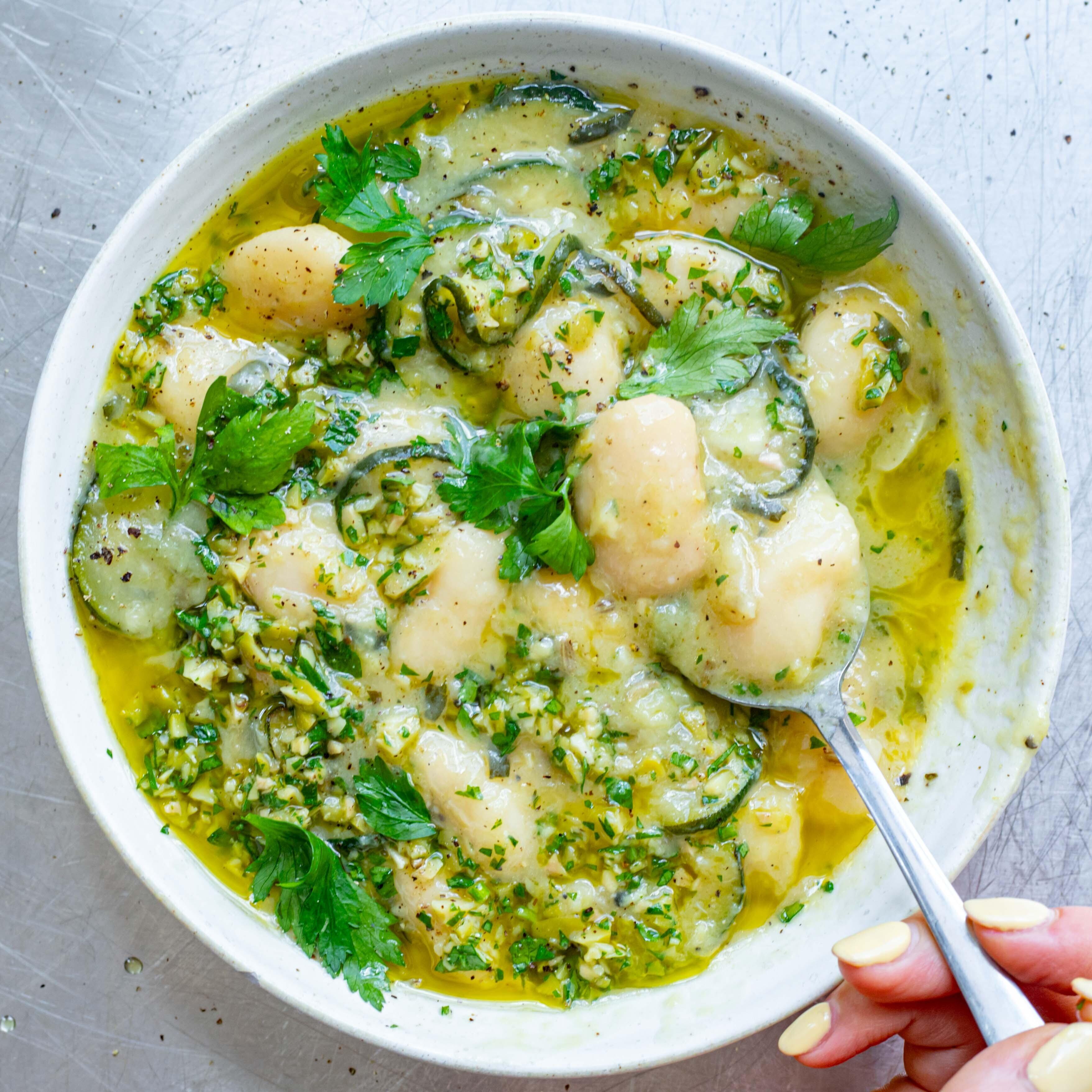 Courgette Butter Beans With Green Olive Salsa