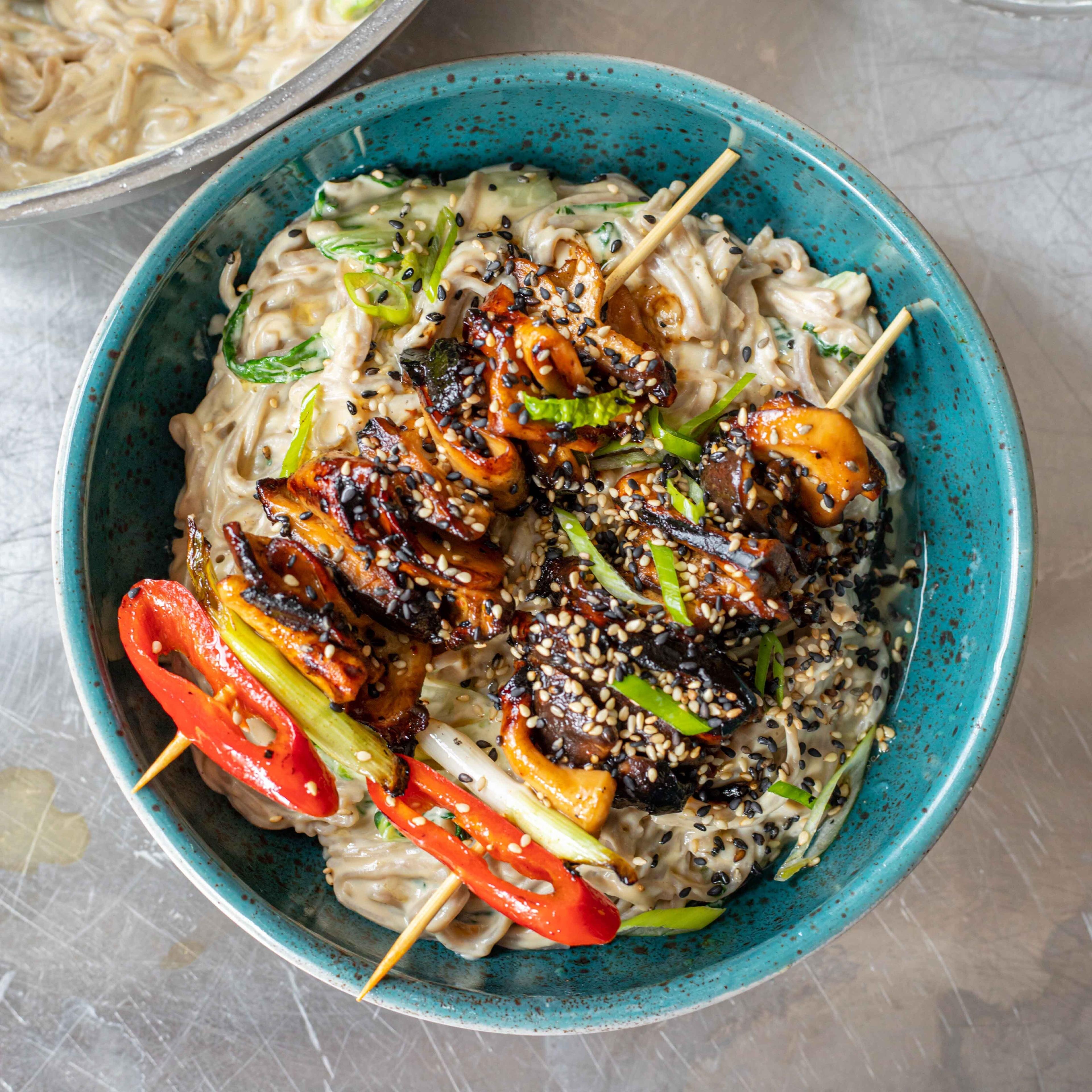 Creamy Miso Noodles with Mushroom Skewers