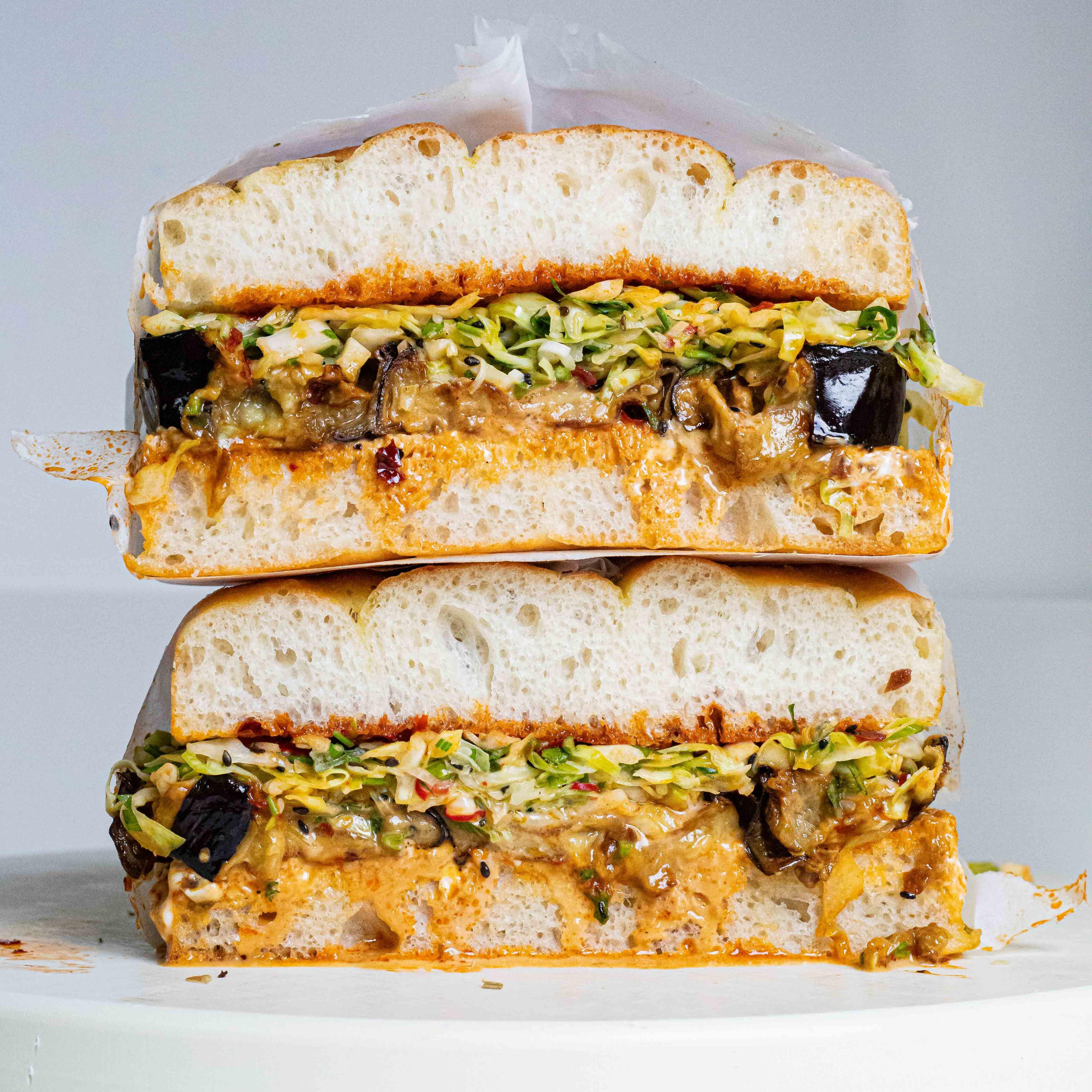 Hot Juicy Aubergine Tahini Slaw Focaccia Sandwich